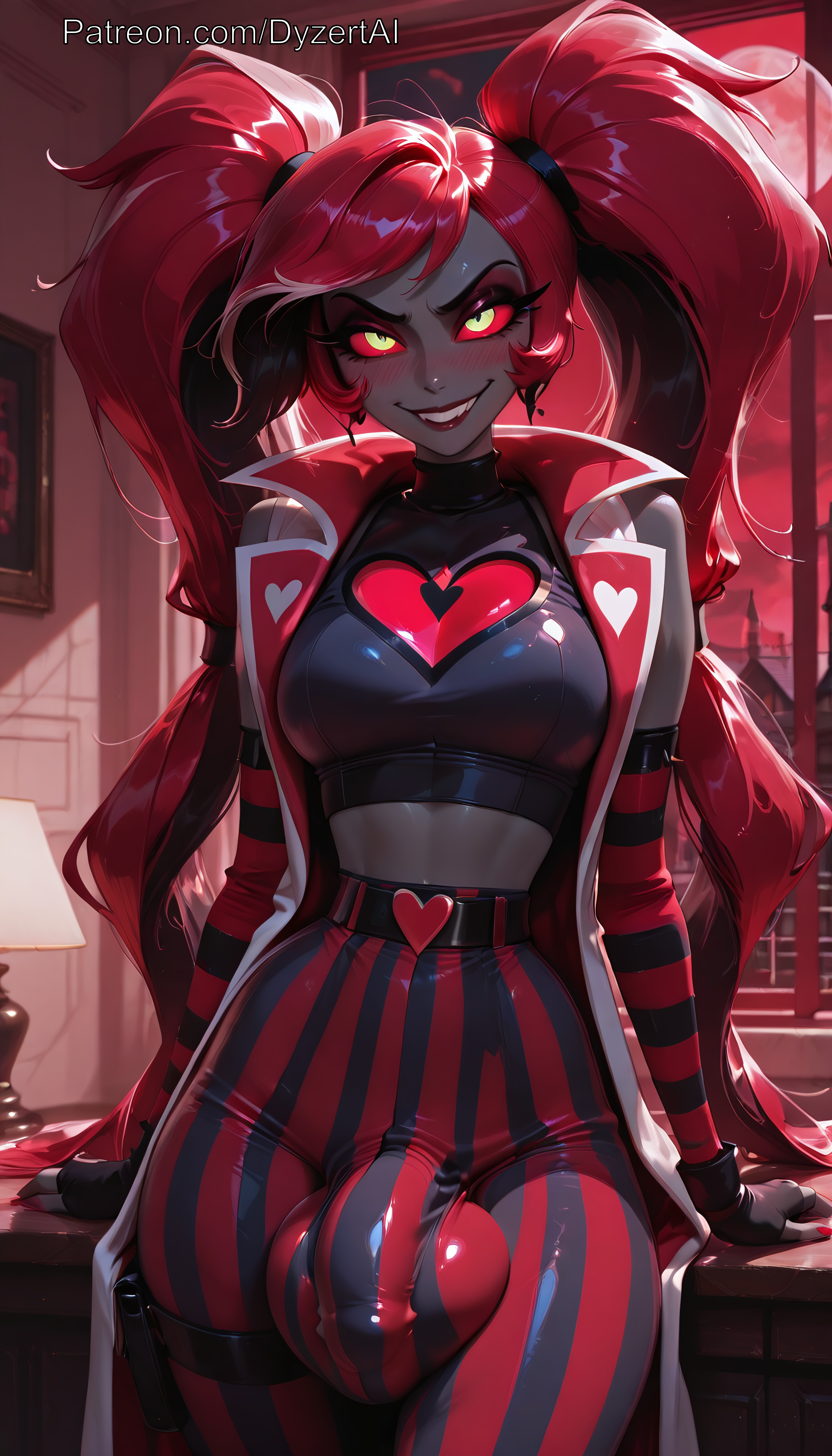 1futa, 2025, ai generated, breasts, bulge, bulge through clothing, dyzertai, futa only, futanari, gloves, grey skin, hazbin hotel, huge balls, huge cock, looking at viewer, medium breasts, moon, night, red eyes, red hair, red moon, self upload, solo, twintails, velvette