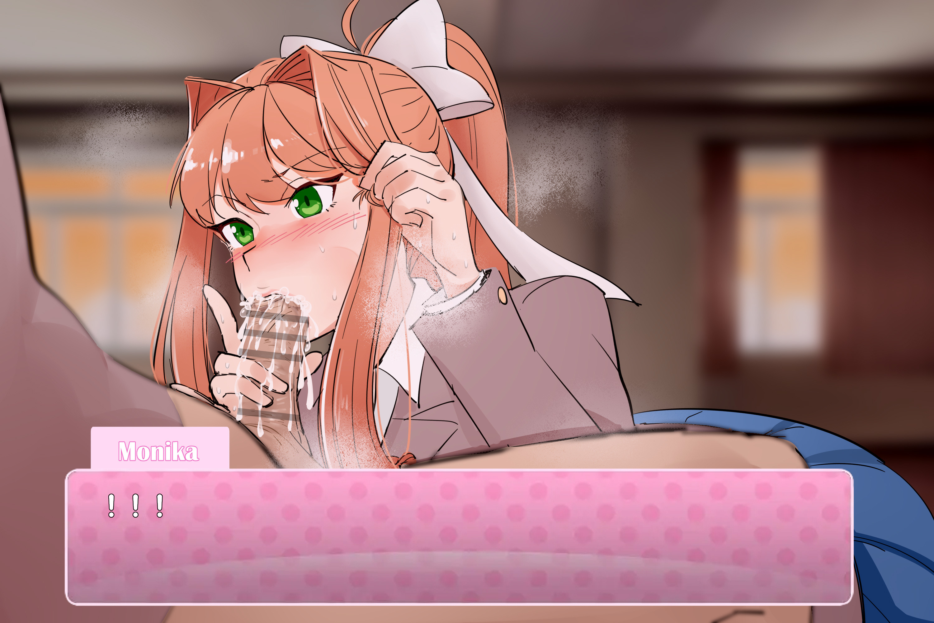 1boy1girl, anon, blowjob, blowjob face, blowjob only, blush, blush lines, breath, breath cloud, carambolatup, censor bar, censored, creampied, cum, cum drip, cum in mouth, cum inside, cumshot, deep blowjob, deep penetration, deep throat, deepthroat, doki doki literature club, excessive cum, face fucking, facefuck, fake screenshot, fellatio, fellatio face, monika (doki doki literature club), musk, musk clouds, oral, oral creampie, oral penetration, oral sex, penis, penis in mouth, penis out, thick penis, unseen male face, variant set, you
