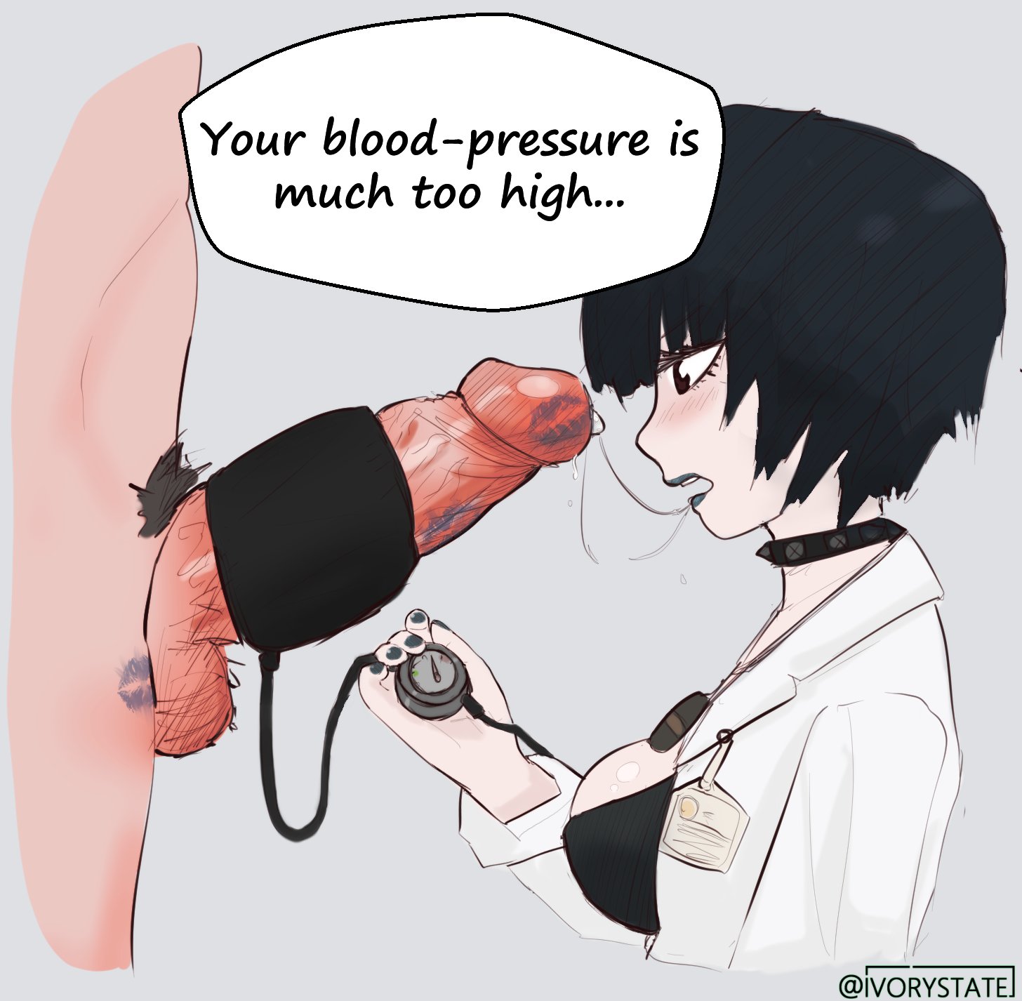 after fellatio, after oral, big breasts, black hair, ivorystate, lipstick, lipstick mark, lipstick on penis, nurse, nurse uniform, oral, persona, persona 5, saliva trail, tae takemi