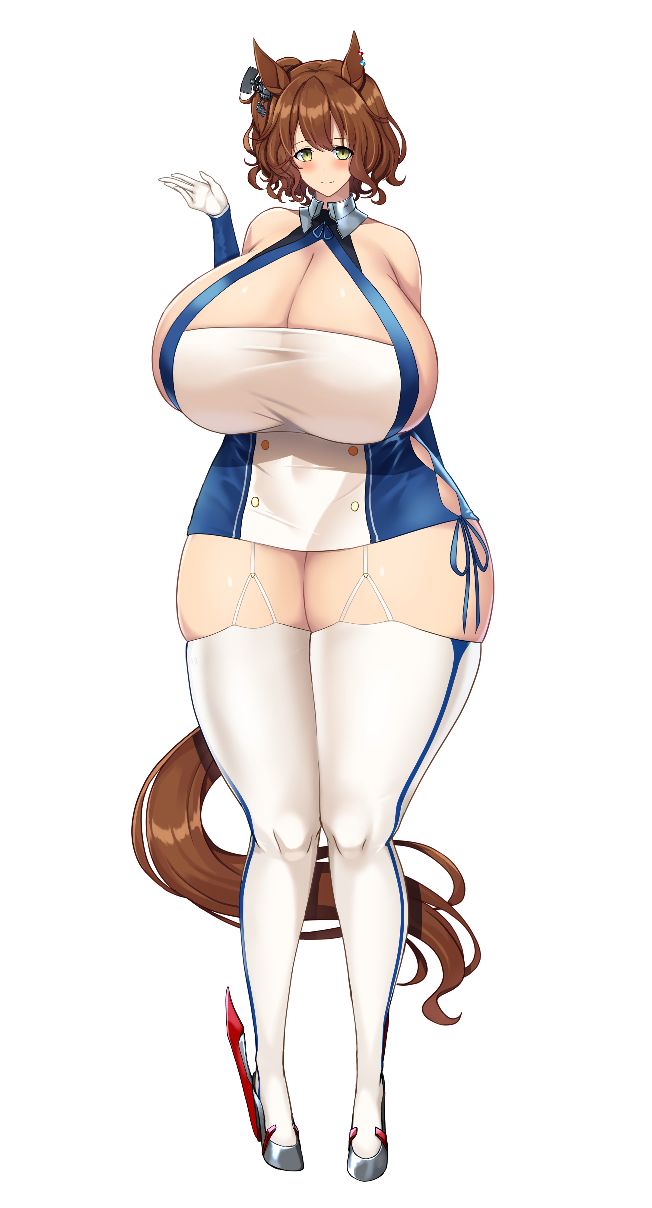 1girls, aston machan (umamusume), azur lane, bare shoulders, blush, breasts, brown hair, cleavage, cosplay, daien (daien418), dress, female, female only, gloves, green eyes, high heels, horse ears, horse girl, horse tail, huge breasts, looking at viewer, massive breasts, side ponytail, smile, solo, st. louis (azur lane), thick thighs, umamusume, umamusume pretty derby, white gloves, wide hips