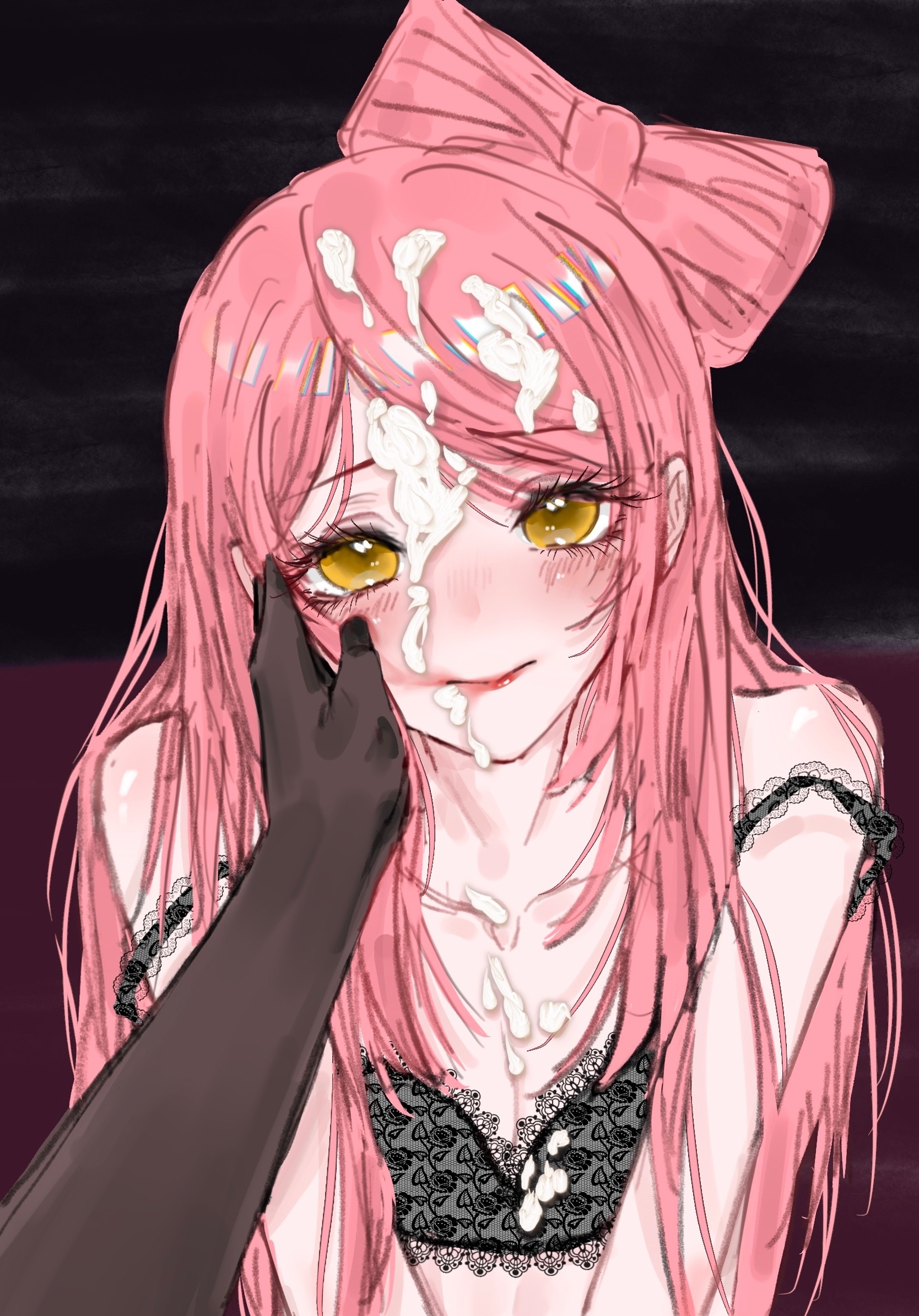 2boys, after sex, artist request, blush, bow, bra, closed mouth, cum, cum on body, cum on face, dark-skinned male, femboy, hairbow, hand on face, himeno amane, lace-trimmed bra, light-skinned male, lingerie, lipstick, long hair, looking at viewer, otoko no ko, pink hair, smile, smudged lipstick, sono bisque doll wa koi wo suru, trap, upper body, yaoi, yellow eyes