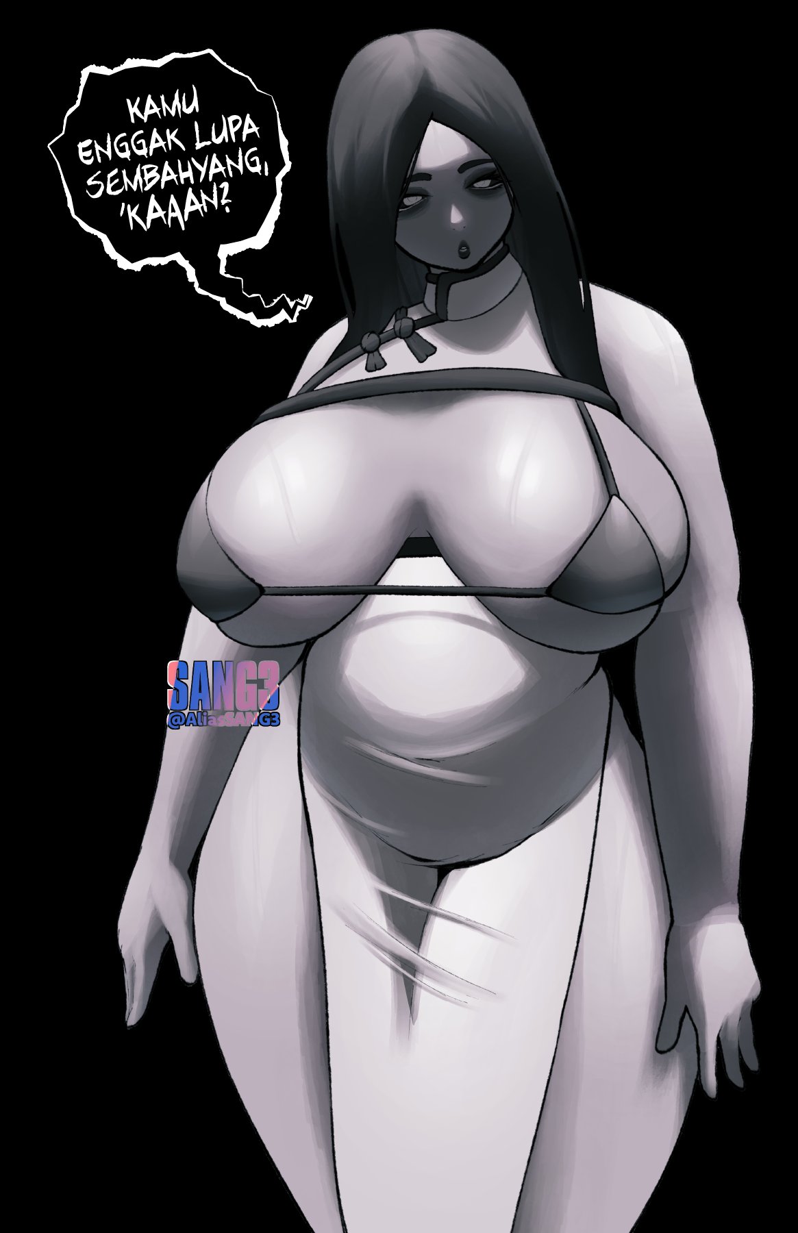 artist logo, bbw, bikini, bikini top, black eyeshadow, black hair, black lipstick, black sclera, china dress, dark circles, dark sclera, ghost, ghost girl, gray skin, indonesian, indonesian text, kuntilanak, long hair, plump, sadako yamamura, sangsangatsange, slightly chubby, slightly chubby female, tagme, talking to viewer, the ring, translation request, twitter link, white eyes, yamamura sadako