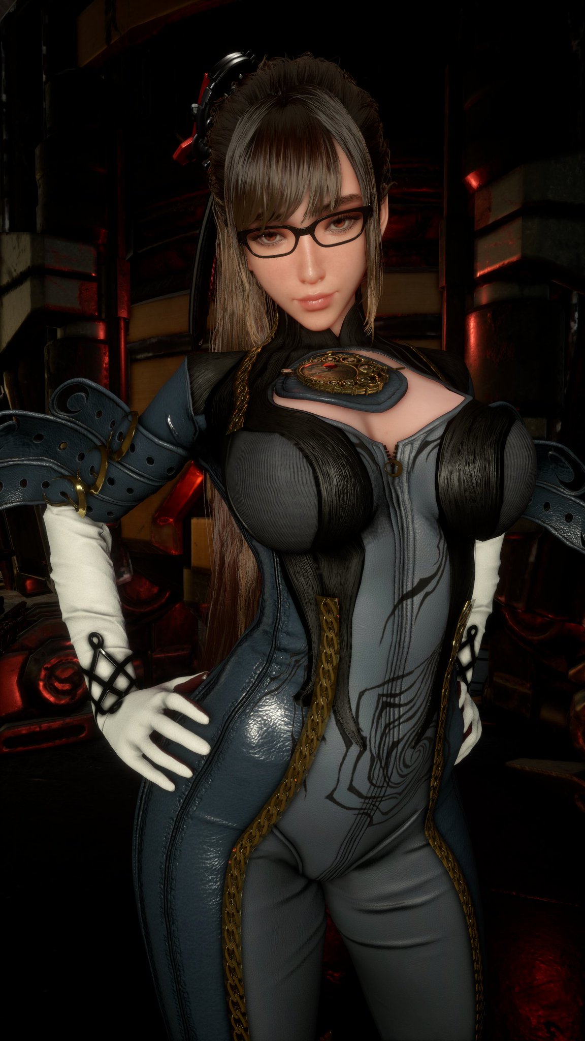 1girls, 3d, asian, asian female, bayonetta, bayonetta (cosplay), big breasts, black hair, breasts, brown hair, cosplay, crossover, crossover cosplay, cyber w0lf1, eve (stellar blade), female, female only, glasses, large breasts, long hair, nintendo, platinum games, ponytail, red glasses, skin tight, stellar blade