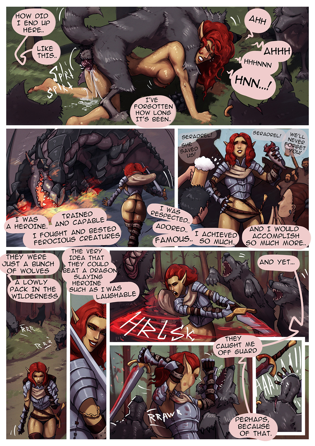 canid, canine, canine penis, canis, cum, cum inside, defeated, defeated heroine, doggy style, elf, elf ears, female, female on feral, femsub, feral, feral dominating human, feral on female, feral penetrating, feral penetrating female, forkonatable, knot, leaking cum, light-skinned female, male, pointy ears, rape, red hair, submissive female, wolf, wolf pack, zoophilia
