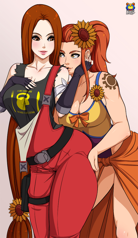 2d, 2girls, ass, ass grab, big breasts, blush, breasts, brigitte, brigitte lindholm, brown hair, butt grab, cleavage, costume switch, crossover, female, female only, groping, kyoffie, league of legends, leona (league of legends), overwatch, tattoo, thigh grab, yuri
