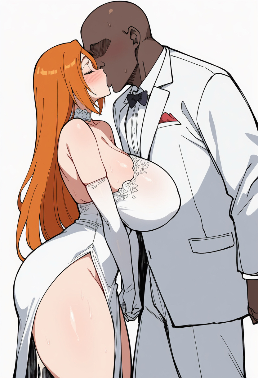 1boy, 1girls, ai, ai art, ai generated, big breasts, bigger male, bleach, blush, breasts bigger than head, cheating, cheating wife, curvy, curvy figure, dark-skinned male, hourglass figure, inoue orihime, kissing, large breasts, larger male, netorare, ntr, orange hair, size difference, skindentation, slim waist, smaller female, wedding, wedding dress, wedding gloves