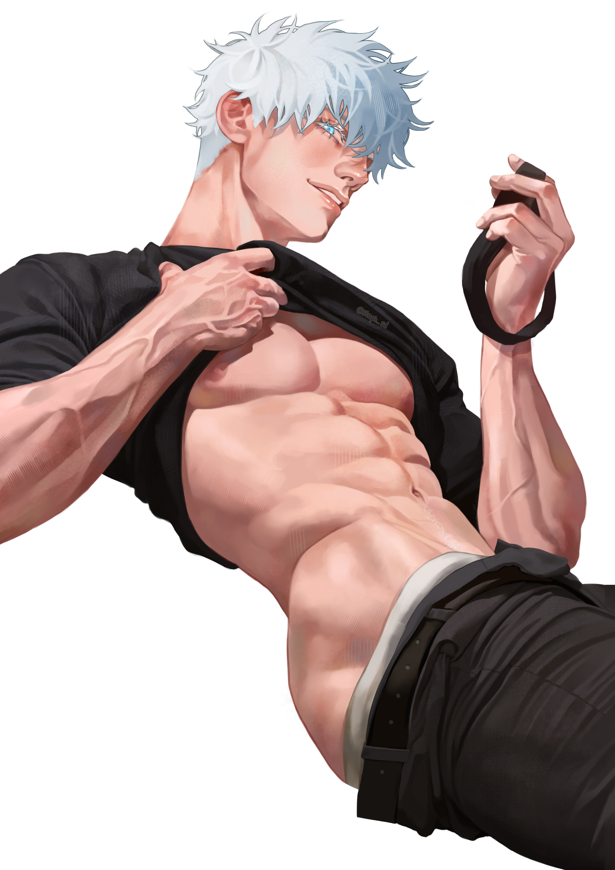 1boy, abs, black shirt, blue eyes, hips, jujutsu kaisen, male, male only, satoru gojo, shirt lift, solo, solo male, veiny arms, white hair