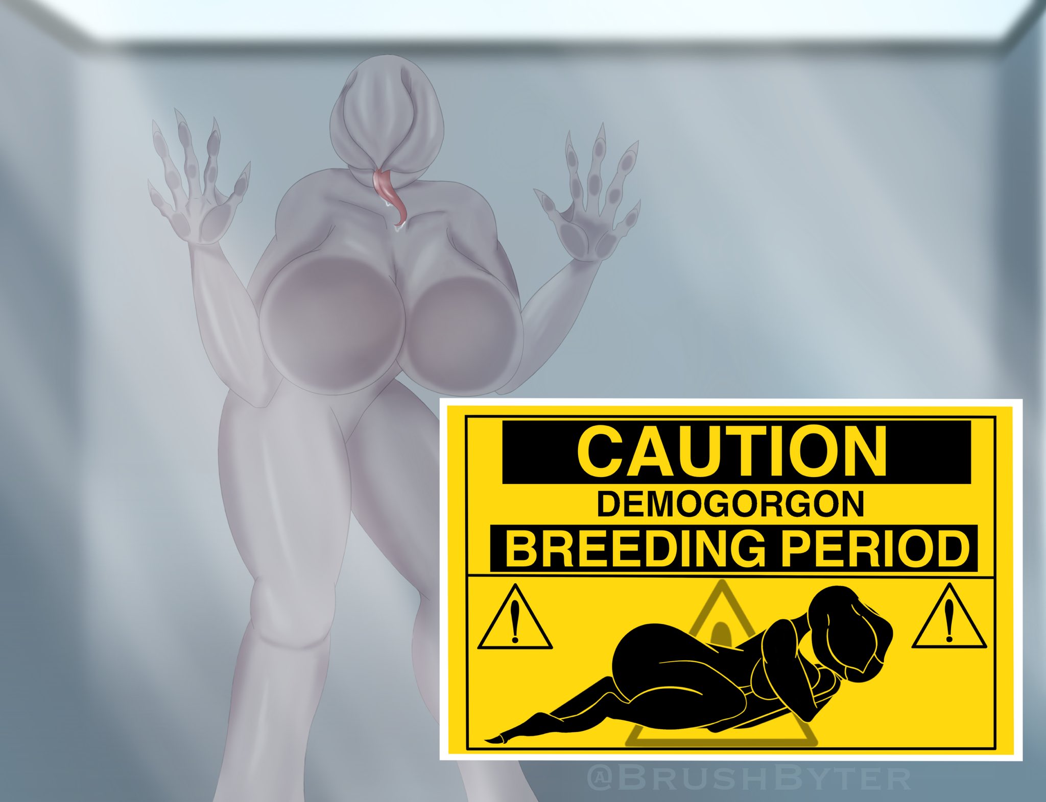 1girls, big breasts, boshy, breasts, brushbyter, caution sign, demogorgon, female, female demogorgon (stranger things), female focus, female only, glass, monster, pressing breasts, sign, stranger things, tongue, tongue out, warning sign