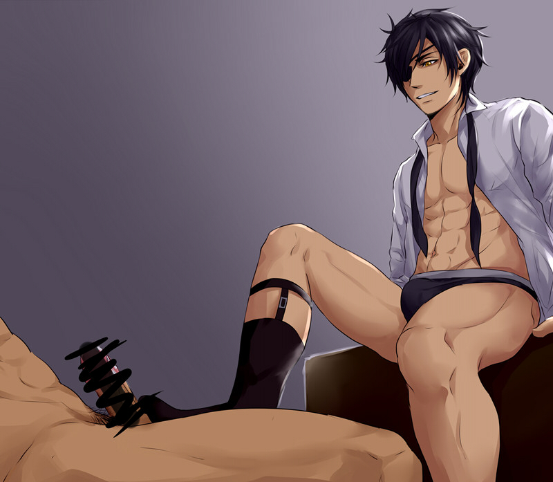 2boys abs bulge erection eye_patch feet footjob gay grin male_only multiple_boys muscle naughty_face nude pecs penis shokudaikiri_mitsutada socks testicles touken_ranbu underwear undressing yaoi