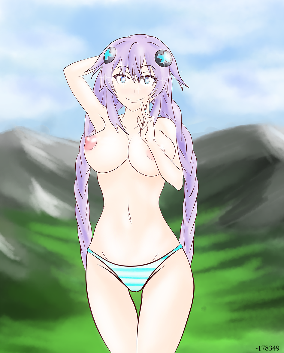 178349 1girls areolae artist_name blue_eyes goddess hair_ornament long_hair medium_breasts neptune_(neptunia) neptunia_(series) nipples outdoors purple_hair purple_heart_(neptunia) striped_panties twin_braids v video_games