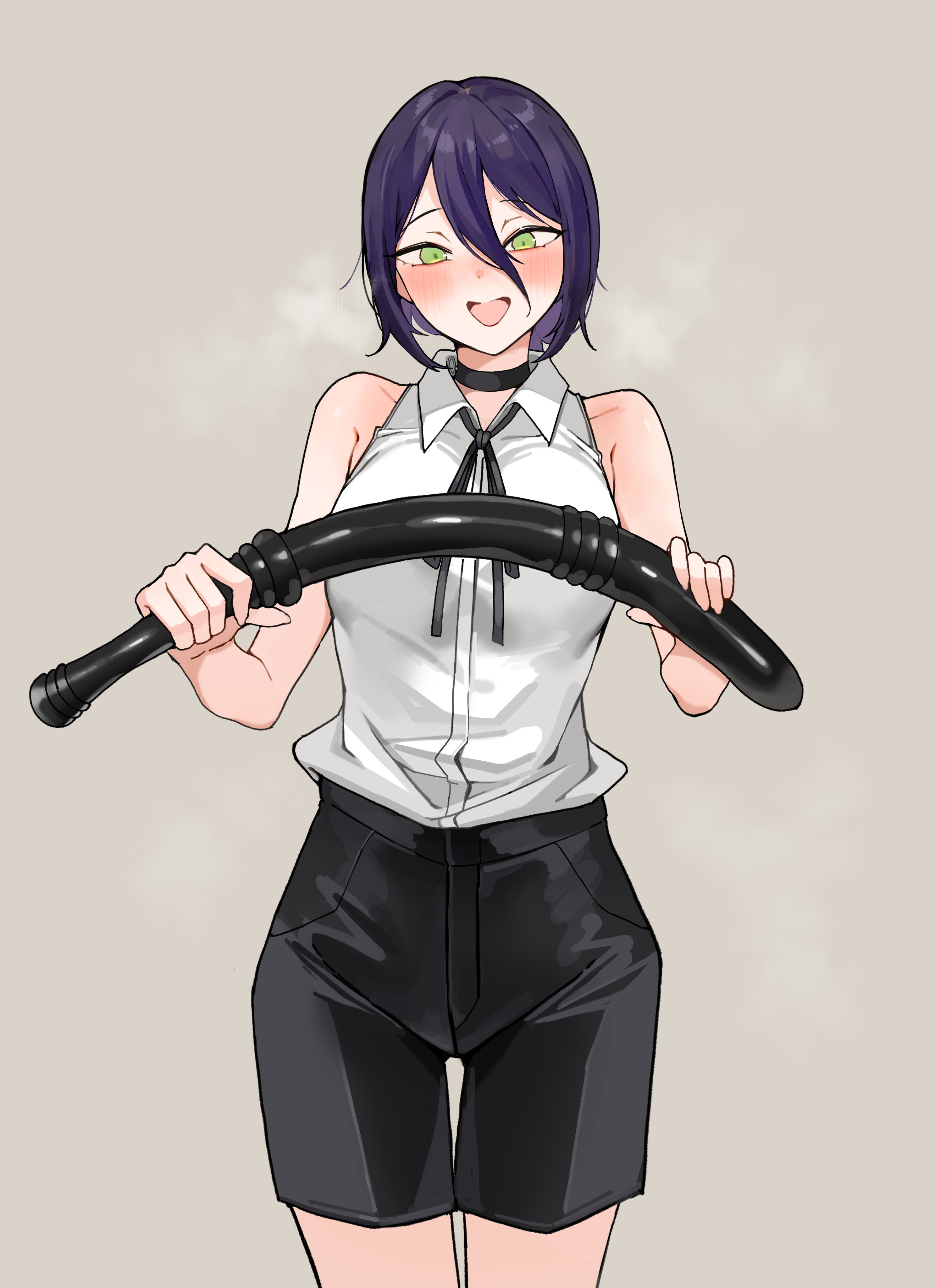 1girls, big dildo, chainsaw man, choker, clothed, clothed female, clothing, dildo, female, female only, green eyes, large dildo, mac (pixiv31869137), pixy1234567891, purple hair, reze (chainsaw man), smile, tagme
