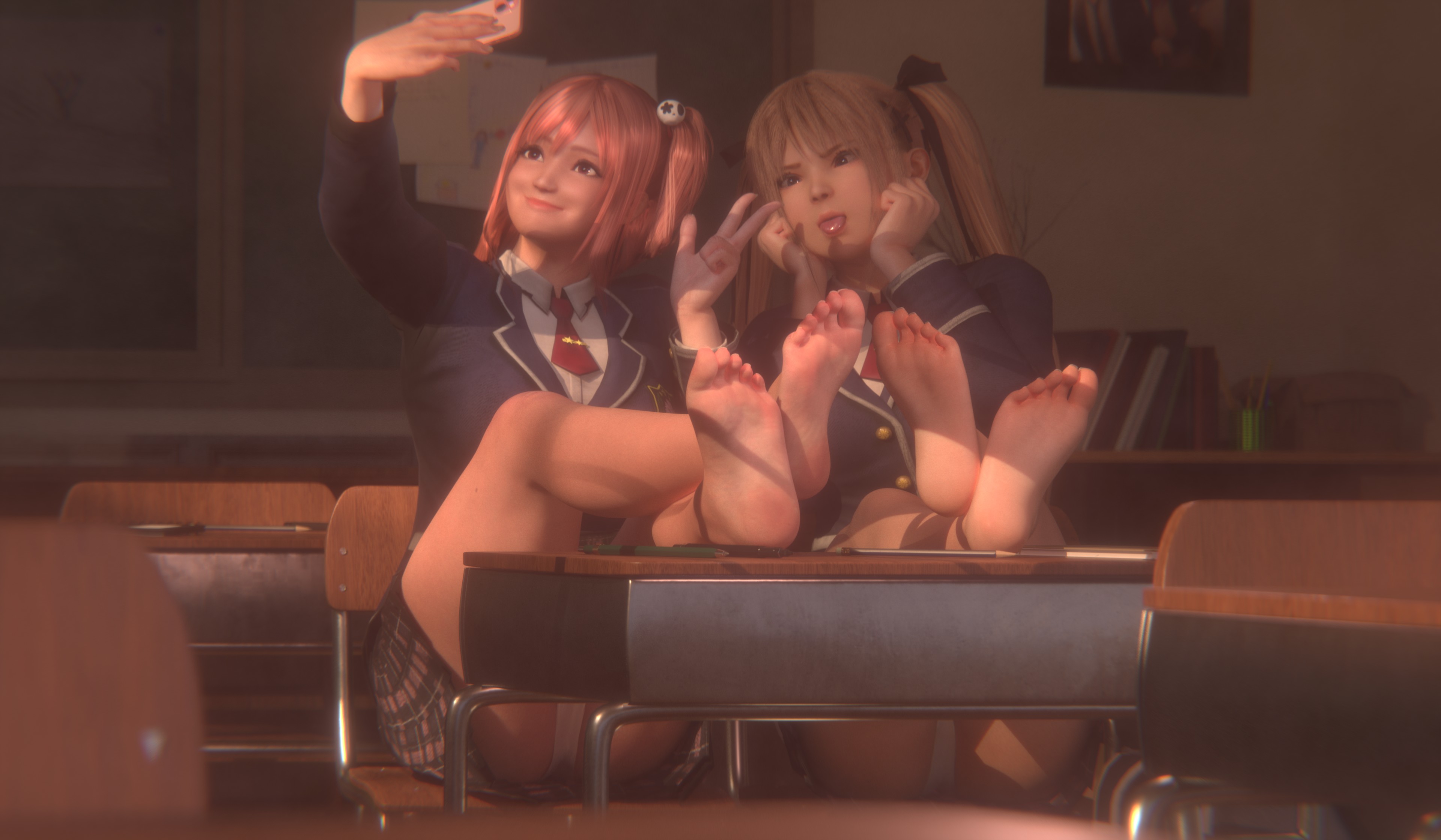 2girls, 3d, burenyawaaa, classroom, dead or alive, feet, feet focus, female, female focus, female only, honoka (doa), light skin, light-skinned female, marie rose, panties, school uniform, selfie, skirt, tagme, teenager, tongue out, white panties