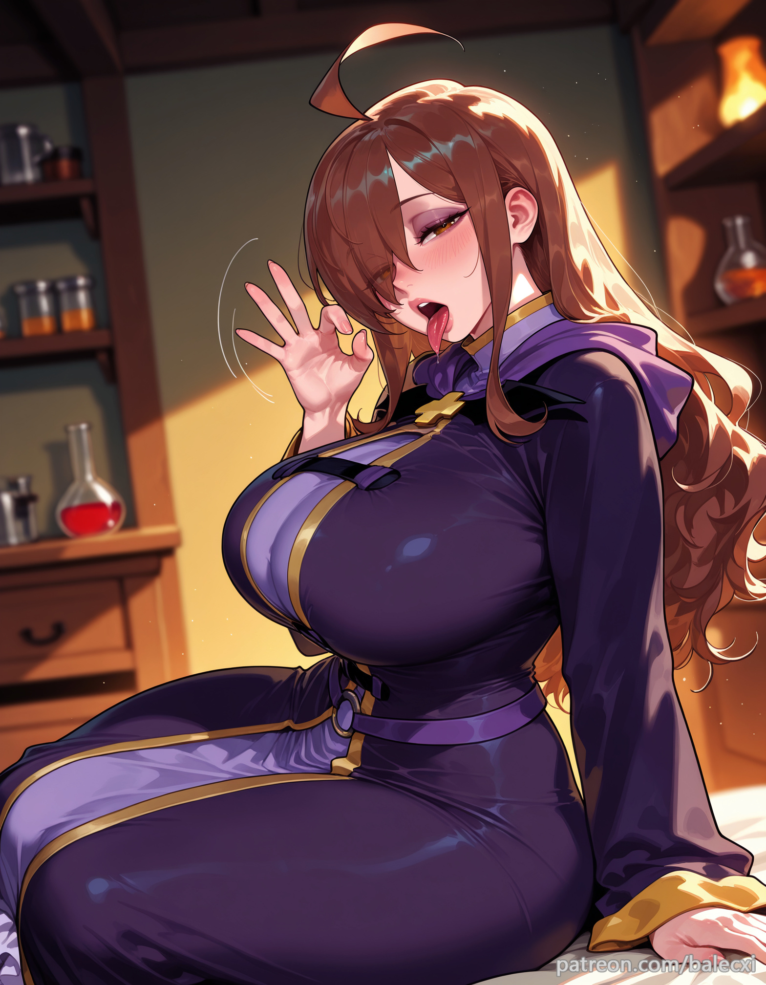 ahoge, ai generated, balecxi, blurry, blush, brown eyes, brown hair, curvy, fellatio gesture, female, hair over one eye, huge breasts, indoors, kono subarashii sekai ni shukufuku wo!, long hair, long sleeves, looking at viewer, open mouth, robe, sitting, solo, thighs, tongue, tongue out, wiz (konosuba)