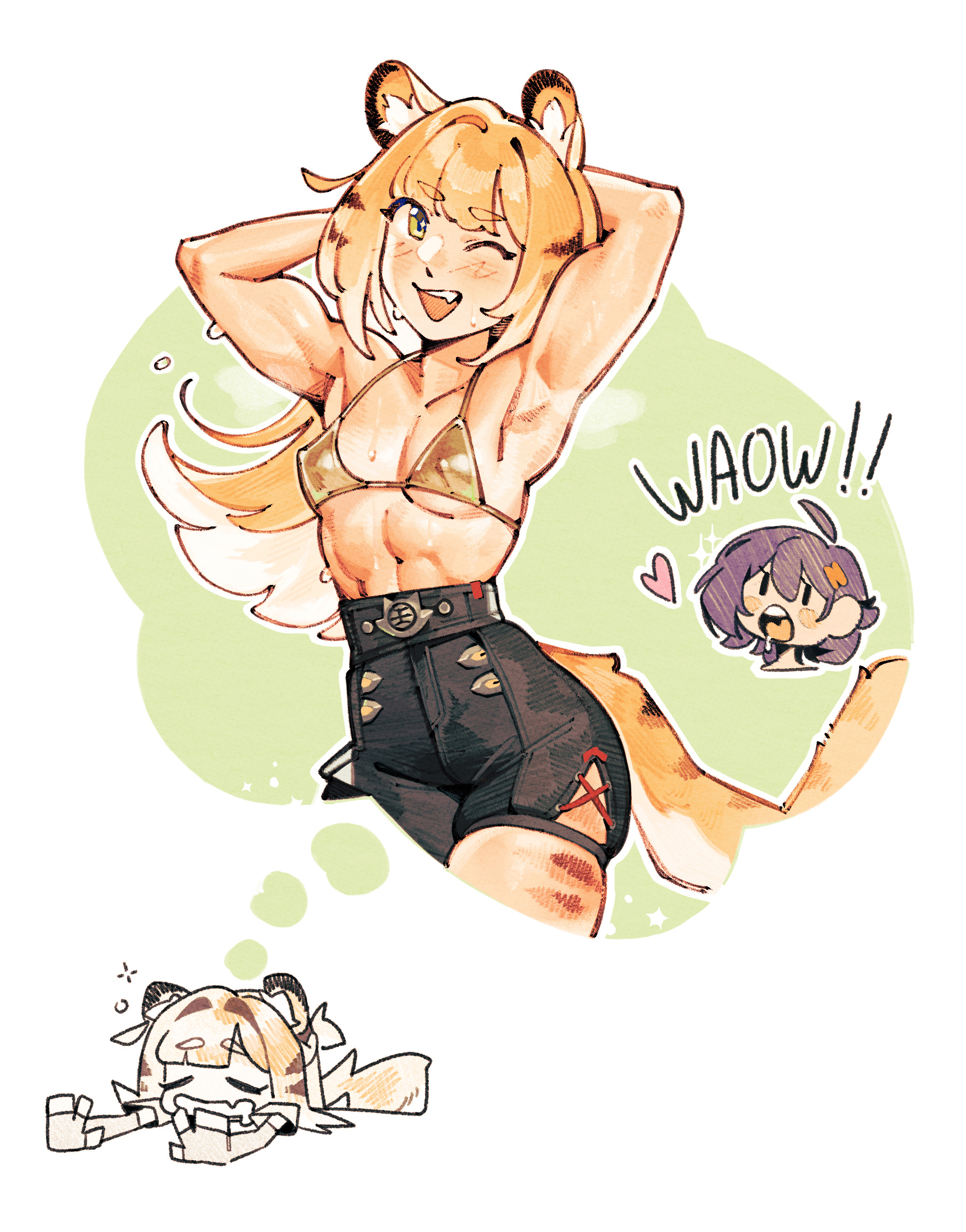 1girls, animal ears, armpits, arms up, bikini, bikini top, blonde hair, cyanceebee, gold bikini, ju fufu, long hair, muscular female, nipples visible through clothing, shorts, small breasts, tagme, tail, zenless zone zero