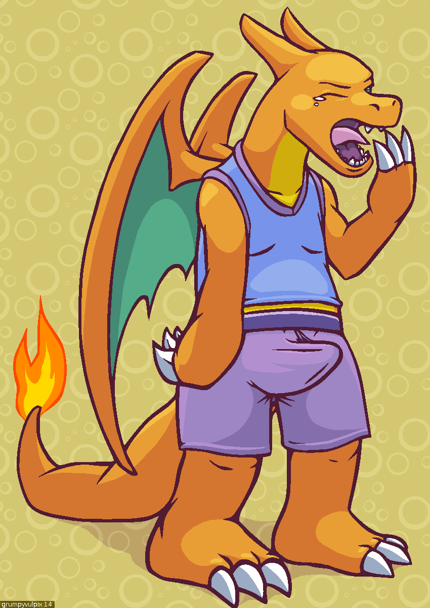 bulge charizard clothing dragon fire grumpyvulpix male male_only nintendo open_mouth orange_scales penis pokemon pokemon_(species) scales scalie solo teeth tongue video_games wings yawn yellow_scales