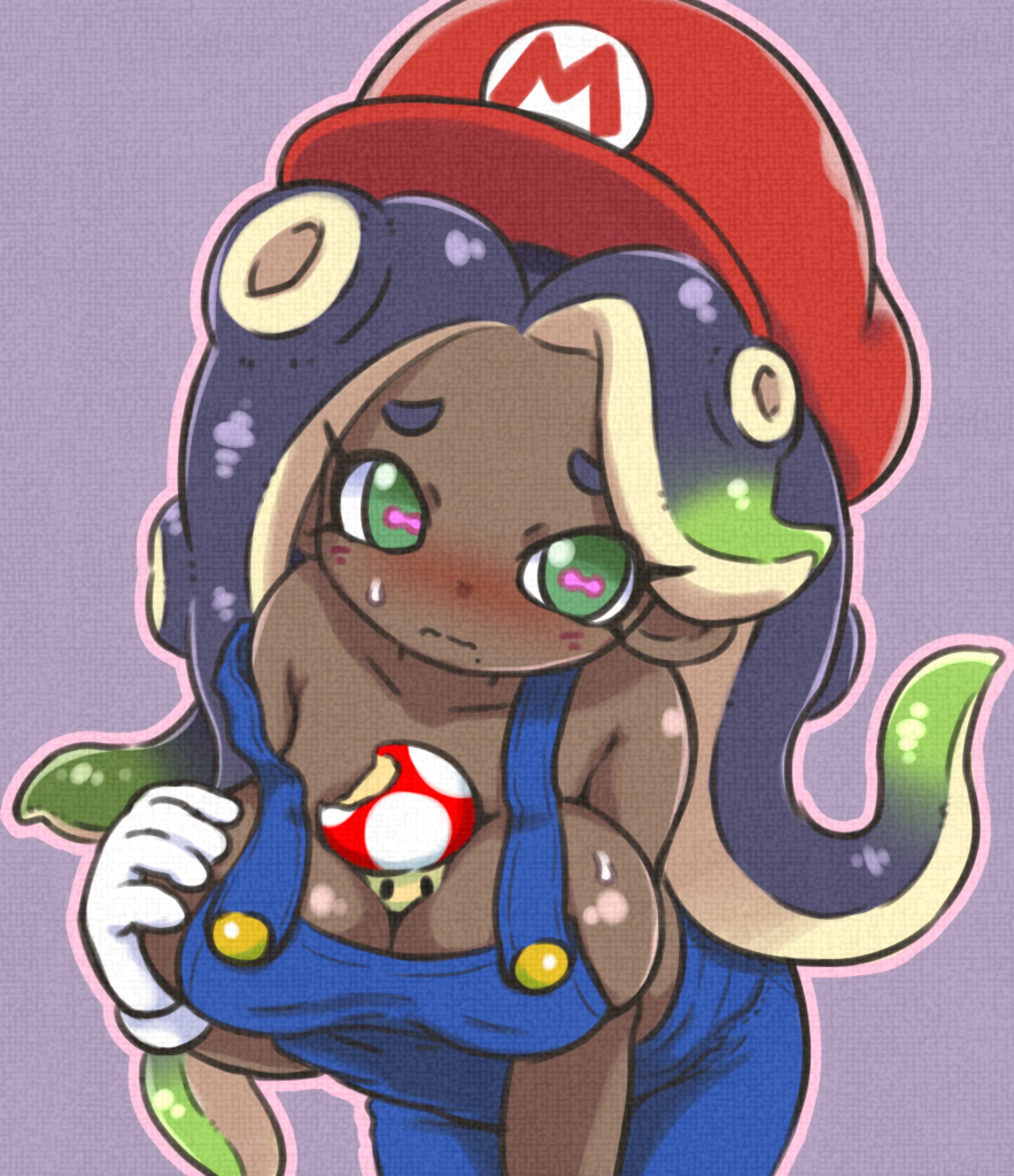 1girls, bare shoulders, between breasts, bite mark, black hair, blue overalls, blush, breasts, cephalopod eyes, cleavage, closed mouth, collarbone, colored tips, commentary request, cosplay, dark skin, dark-skinned female, denim, dungarees, embarrassed, female, female only, gloves, green eyes, green hair, hat, highres, ikaheigen, large breasts, leaning forward, long hair, marina (splatoon), marina ida, mario, mario (cosplay), mario (series), mole, mole under mouth, multicolored hair, naked overalls, nintendo, octoling, octoling girl, overalls, pink pupils, red hat, shiny skin, sideboob, simple background, solo, splatoon, splatoon (series), splatoon 2, strap slip, suction cups, super mushroom, sweatdrop, tentacle hair, very dark skin, wavy mouth, white gloves