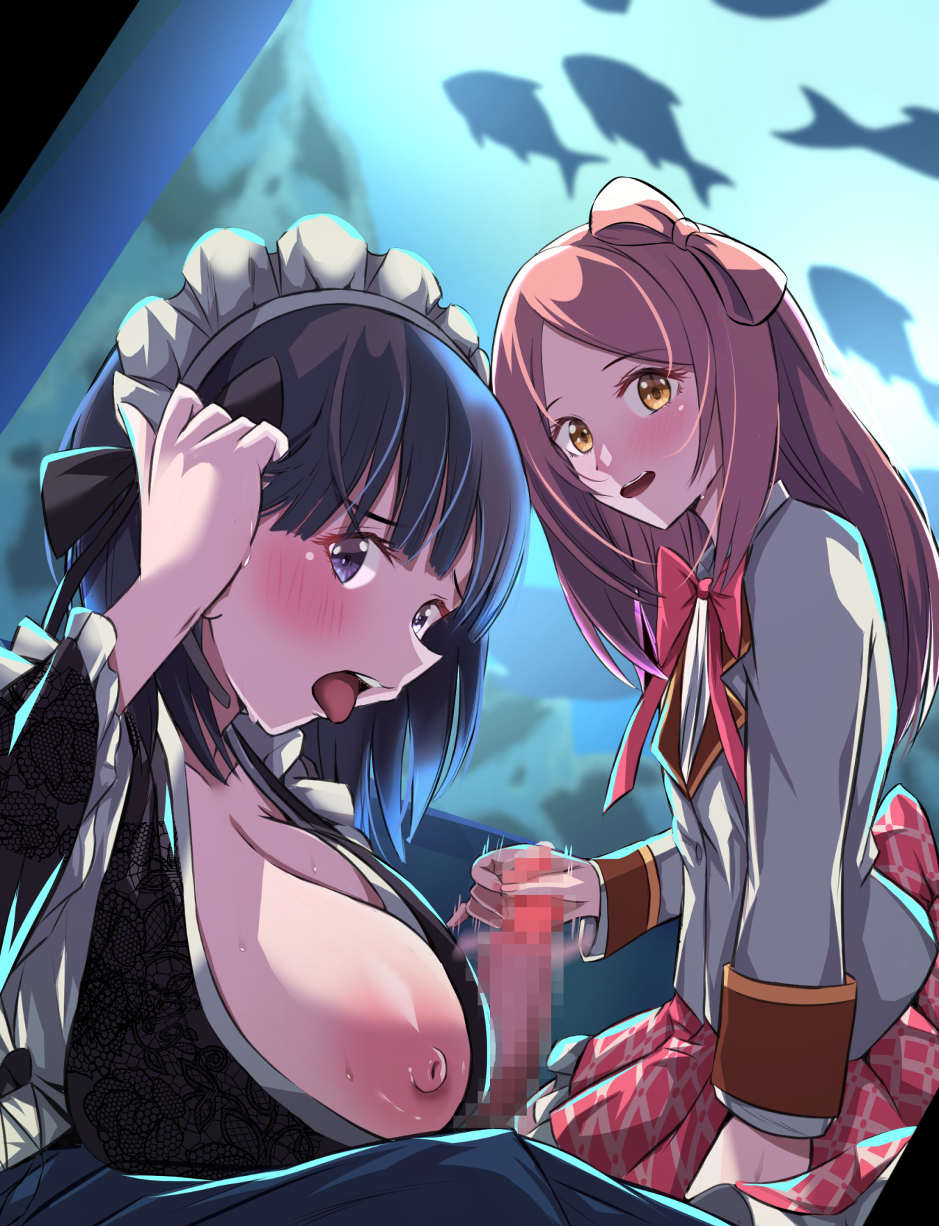 1girls, 2boys, aquarium, big breasts, bisexual, bisexual male, blush, bow, bow ribbon, breasts, breasts out, censored, clothing, cosplay, female, femboy, gojou wakana, hairbow, handjob, himeno amane, indoors, kitagawa marin, kuroe shizuku (cosplay), large breasts, long hair, looking at viewer, maid, maid headdress, male, male pov, mosaic censoring, nipples, open mouth, otoko no ko, penis, pink hair, pov, purple eyes, purple hair, roku97623494, skirt, sono bisque doll wa koi wo suru, sweat, sweatdrop, tongue, tongue out, trap, yaoi, yellow eyes