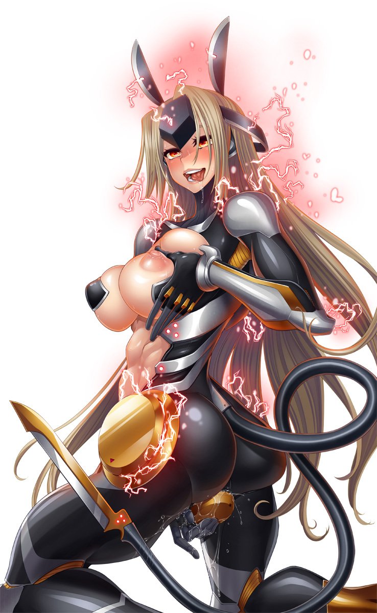 10s, abs, alca steele, areolae, armor, blush, breast grab, breasts, brown hair, cyborg, female, kneeling, large breasts, long hair, nipples, open mouth, puffy nipples, pussy, pussy juice, red eyes, shindou l, solo, sweat, tagme, tail, taimanin (taimanin), taimanin asagi, taimanin asagi battle arena, tongue, tongue out, very long hair