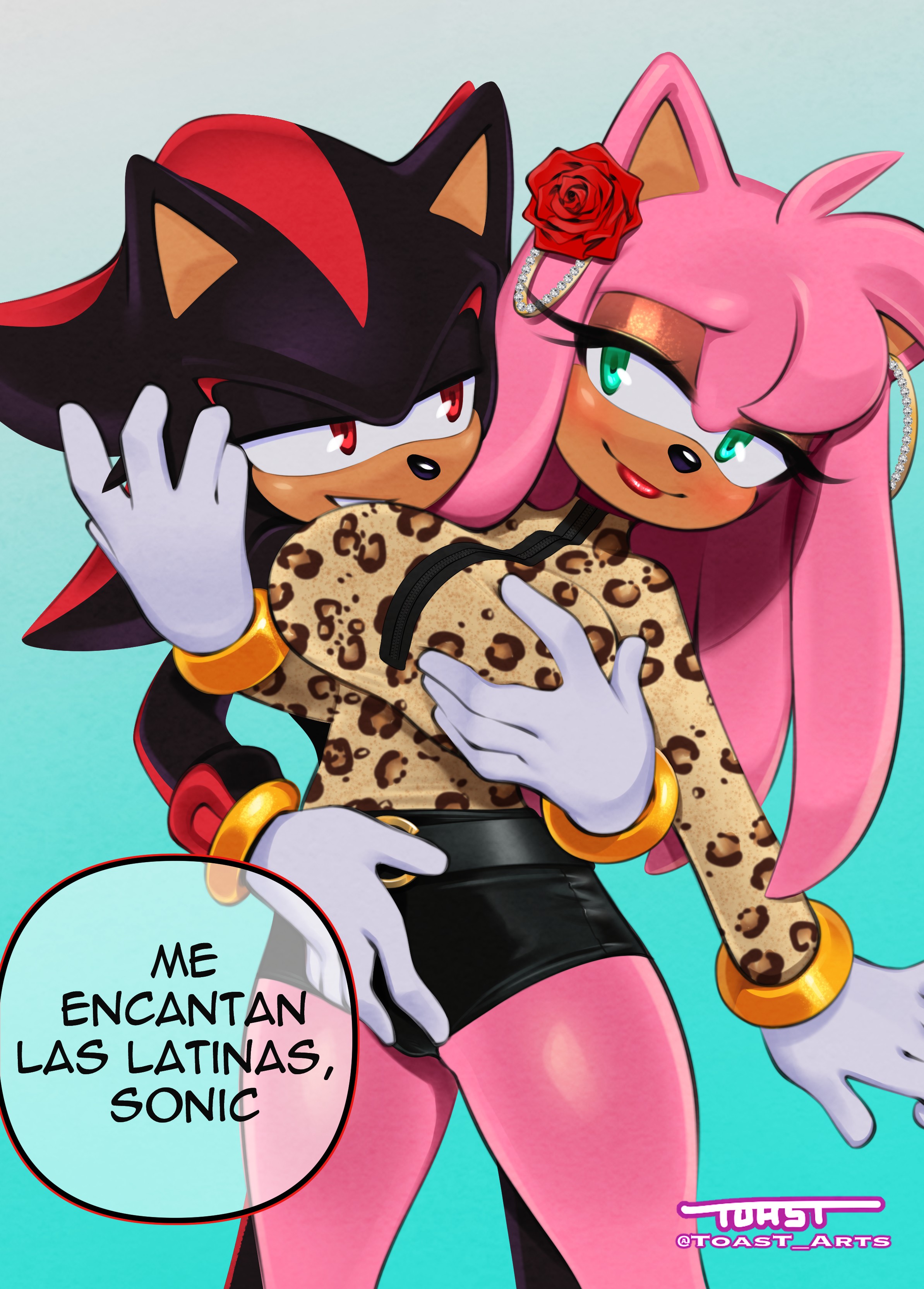 1boy, 1girls, alternate costume, amy rose, anthro female, anthro male, anthro on anthro, anthro only, curvy, curvy female, curvy figure, dialogue, dialogue bubble, green eyes, groping, groping breasts, hedgehog boy, hedgehog ears, hedgehog girl, hedgehog humanoid, i just love latinas sonic, meme, meme reference, mobian, mobian (species), mobian hedgehog, red eyes, seductive, seductive look, shadow the hedgehog, sonic (series), sonic the hedgehog (series), spanish dialogue, spanish text, toast arts