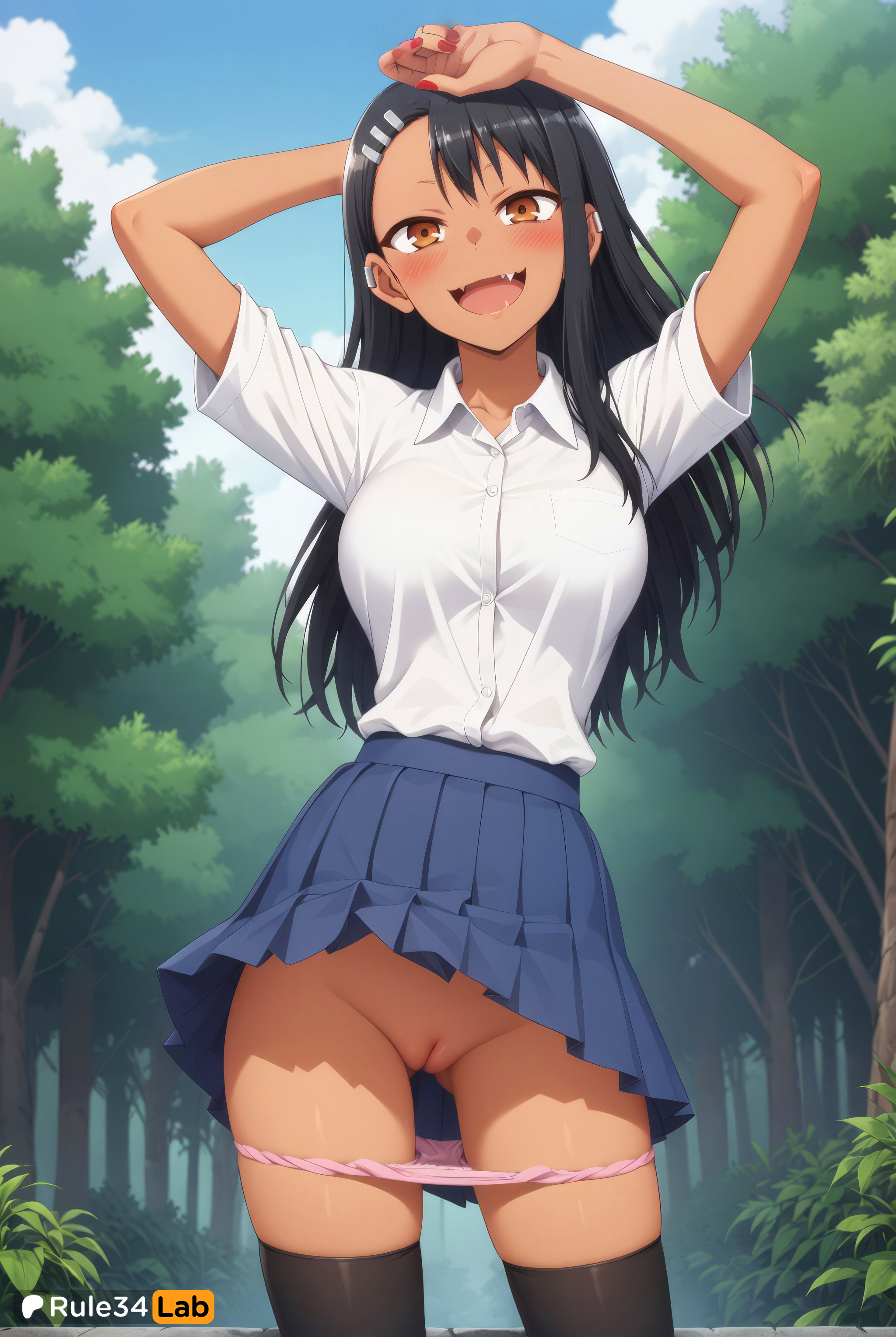 :d, 1girls, ai generated, arms up, artist name, ass visible through thighs, asymmetrical bangs, black hair, black thighhighs, blue skirt, blue sky, blush, breasts, brown eyes, bush, clothes lift, cloud, collarbone, collared shirt, day, dress shirt, earclip, female, female only, fingernails, forest, hair ornament, hairclip, hayase nagatoro, hi res, long hair, looking at viewer, medium breasts, nail polish, nature, oerba yun fang, open mouth, outdoors, panties, panty pull, patreon username, pink nails, pink panties, please don't bully me, nagatoro, pleated skirt, pussy, pussy juice, red nails, rule34lab, school uniform, shirt, shirt tucked in, short sleeves, skindentation, skirt, skirt lift, sky, smile, solo, standing, tan, thighhighs, tree, uncensored, underwear, white shirt