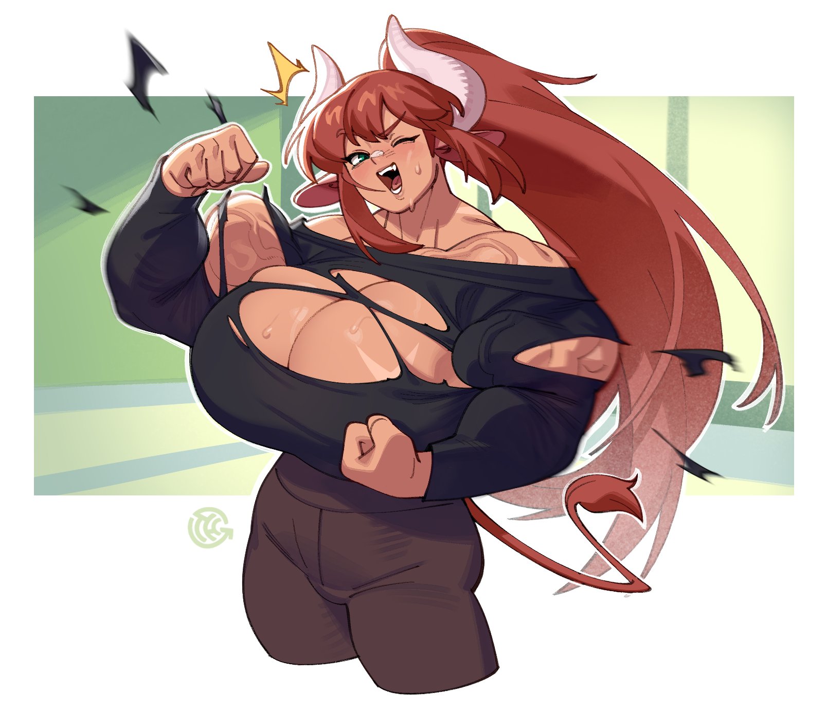 1girls, 2025, aeryn (thehelmetguy), animal ears, animal humanoid, ass, auburn hair, biceps, big breasts, bovid, bovid humanoid, bovine, breasts, bursting breasts, busty, cleavage, clothed, clothed female, clothing, cow ears, cow girl, cow horns, cow humanoid, cow tail, feet out of frame, female, flexing, front view, fully clothed, green eyes, hair, hi res, horned humanoid, horns, huge breasts, humanoid, large breasts, legs together, long hair, long sleeves, looking at viewer, muscular, muscular arms, muscular female, one eye closed, open mouth, original, original character, ponytail, pose, posing, ripped clothing, ripped shirt, signature, skindentation, smile, smiling, smiling at viewer, solo, standing, sweat, sweatdrop, sweating, sweaty, sweaty body, sweaty breasts, tail, tan body, tan skin, tan-skinned female, teeth, thehelmetguy, thighs, three-quarter portrait, tongue, torn clothes, torn shirt, very long hair, wink, winking at viewer