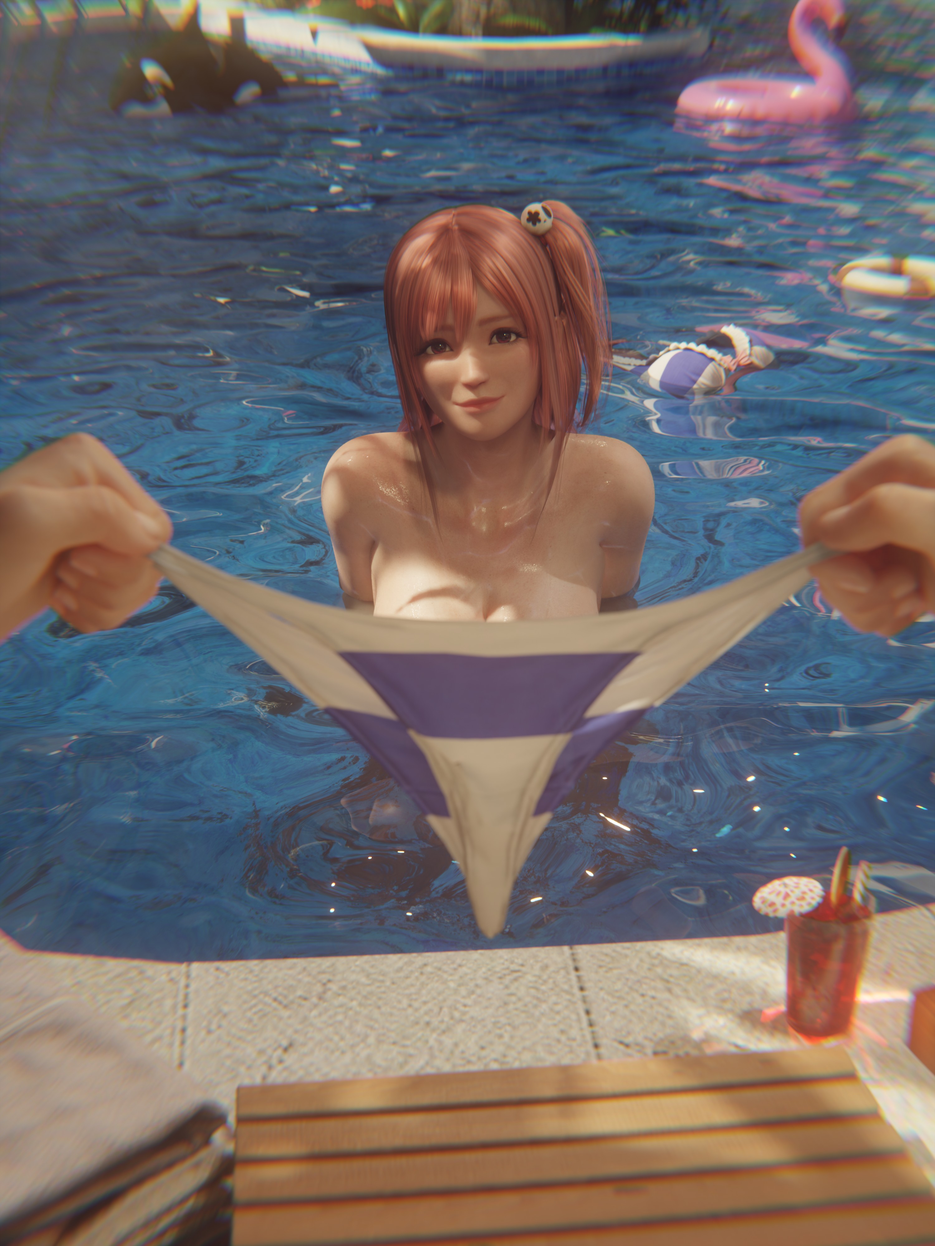 1girls, 3d, asian, asian female, burenyawaaa, convenient censoring, convenient censorship, dead or alive, female, female focus, glass, holding panties, honoka (doa), implied nudity, in water, light skin, light-skinned female, light-skinned male, looking at viewer, panties, pool, pov, red eyes, smiling, tagme