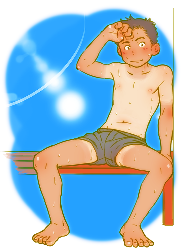 1boy barefoot blush male_only smile solo sweat tan topless torte_(triggerhappy) underwear