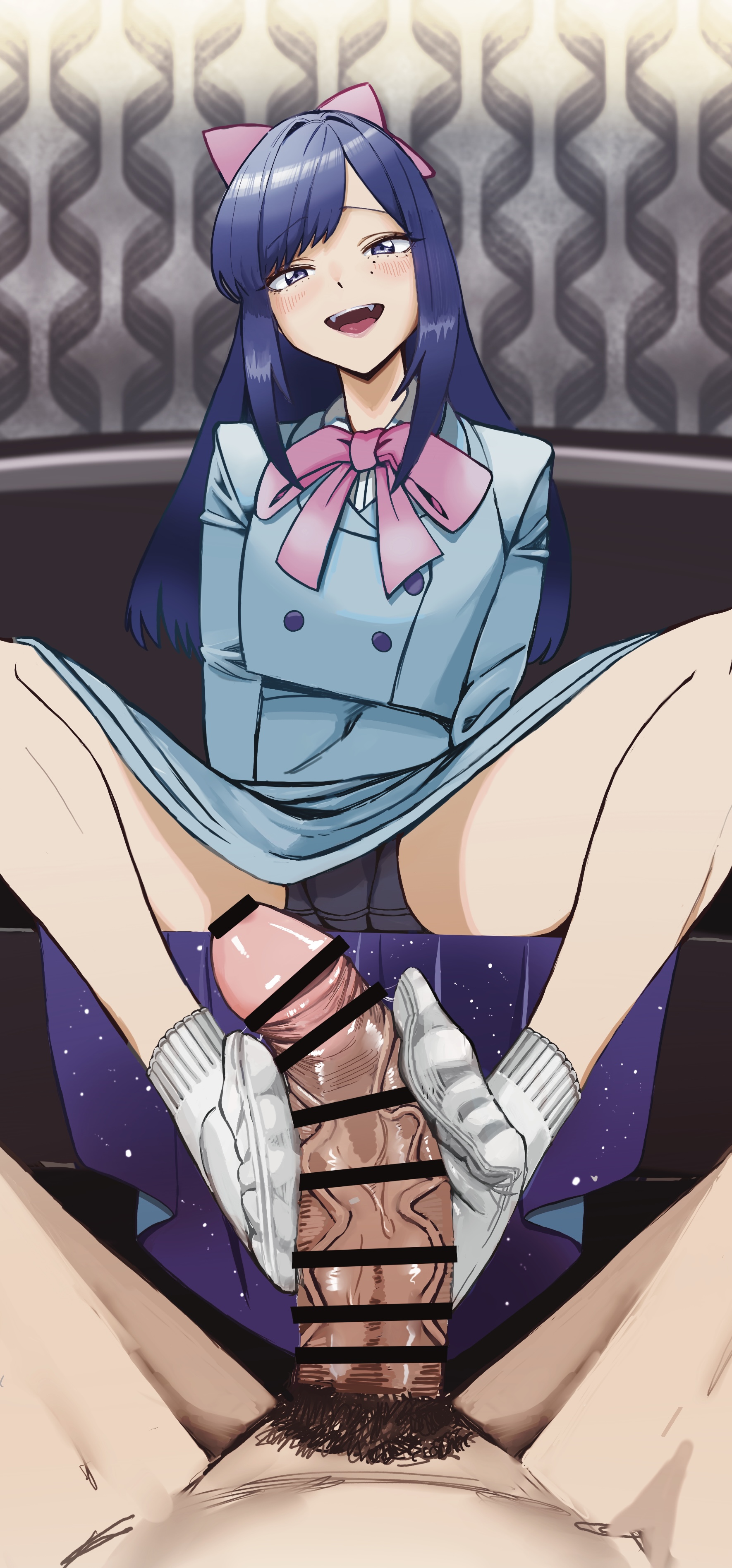 2boys, akasa3217, blush, bow, bow ribbon, censor bar, censored, clothing, cosplay, crossdressing, femboy, footjob, footjob with legwear, hairbow, himeno amane, long hair, looking at viewer, male, male only, open mouth, otoko no ko, panties, penis, purple eyes, purple hair, sitting, skirt, socks, sono bisque doll wa koi wo suru, trap, upskirt, viewed from below, yaoi