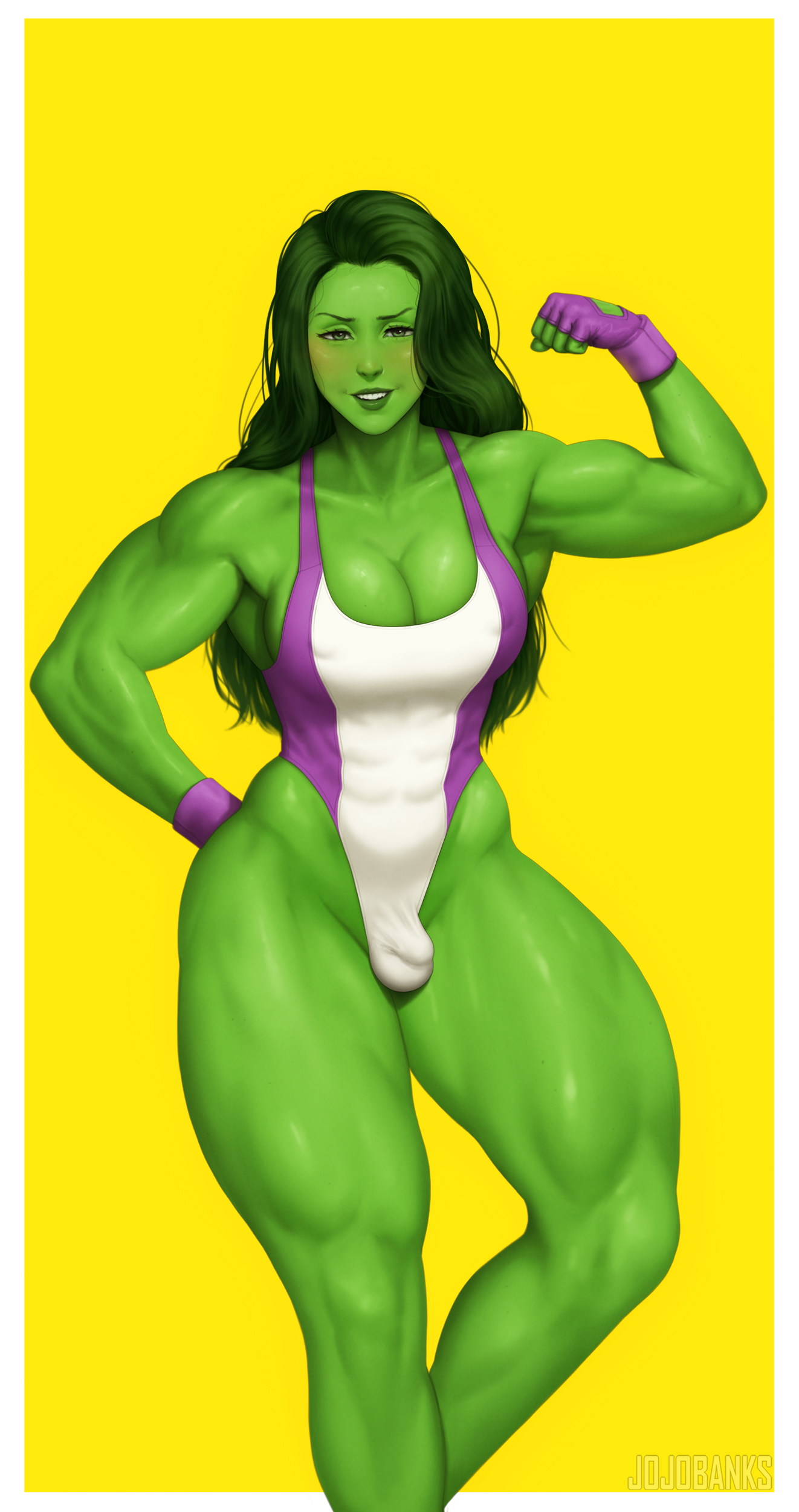 1futa, armpits, big breasts, big muscles, big thighs, blush, breasts, cleavage, detailed bulge, dickgirl, digital art, digital drawing (artwork), digital media (artwork), fanart, fingerless gloves, fit, fit futa, flexing, flexing arms, flexing bicep, flexing muscles, futa only, futanari, green body, green eyes, green hair, green skin, jojobanks, long hair, looking at viewer, marvel, marvel comics, muscles, muscular body, muscular futa, muscular thighs, penis, pinup, she-hulk, simple background, smile, smiling, smiling at viewer, solo, solo focus, solo futa, superheroine