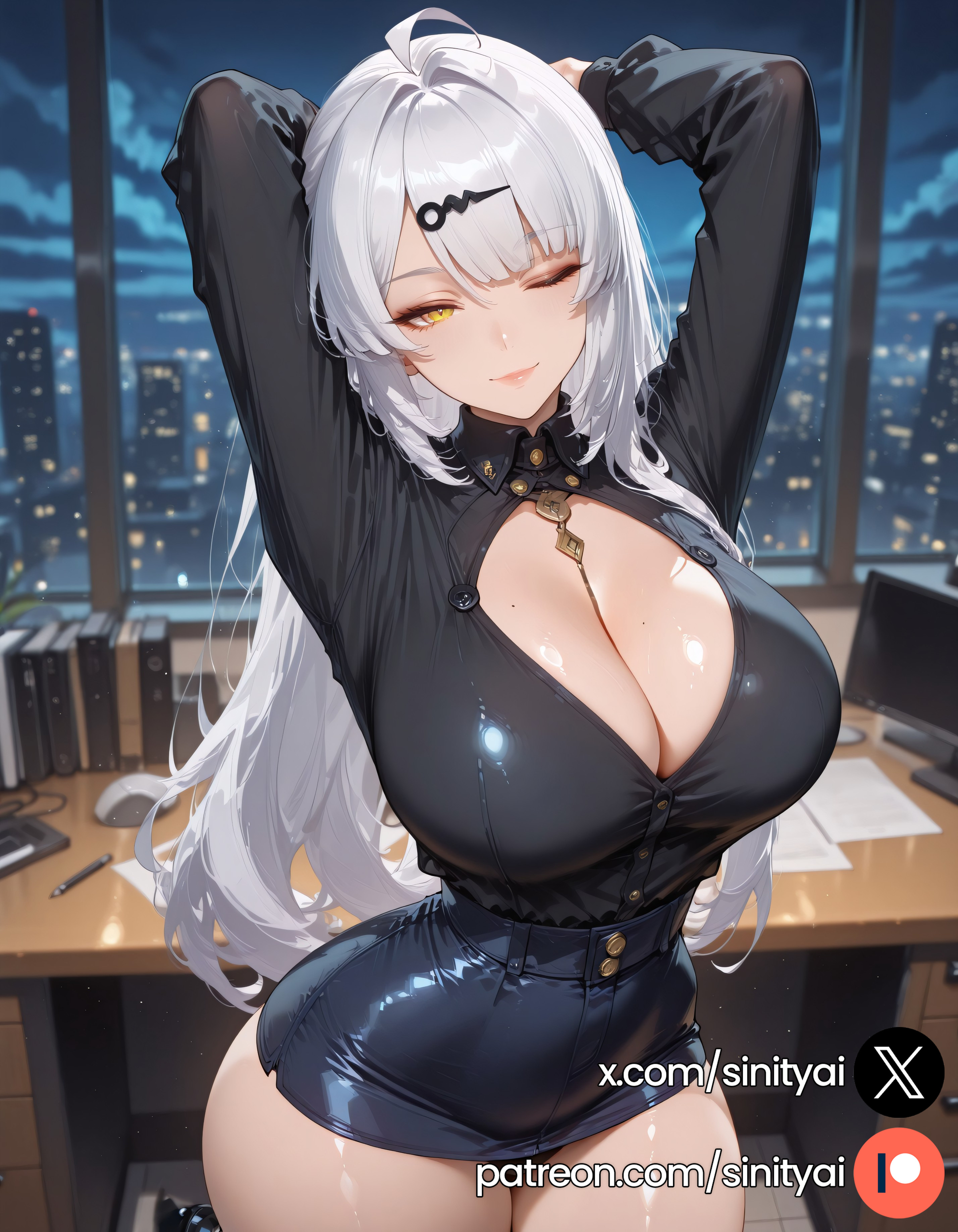 1girls, 2025, ai generated, ass, bangs, big ass, big breasts, blurred background, blurry background, depth of field, female, female focus, hair ornament, hi res, high quality, high resolution, highres, huge ass, huge breasts, huge thighs, long hair, nsfw, patreon, patreon exclusive, patreon link, patreon logo, patreon url, patreon username, sinity, small waist, solo focus, thick thighs, thin waist, white hair, yellow eyes, yixuan (zenless zone zero), zenless zone zero