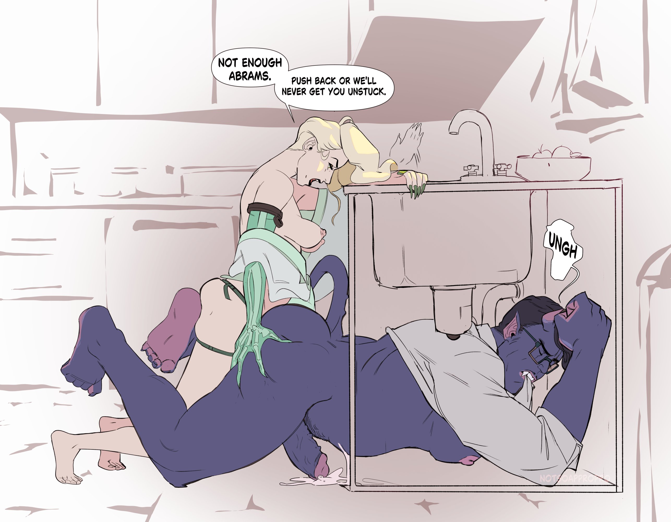 abrams (deadlock), big breasts, cum, deadlock, demon, femdom, humanoid, lady geist, male/female, muscular male, notsoappropro, pegging, pegging male, stuck, stuck in object