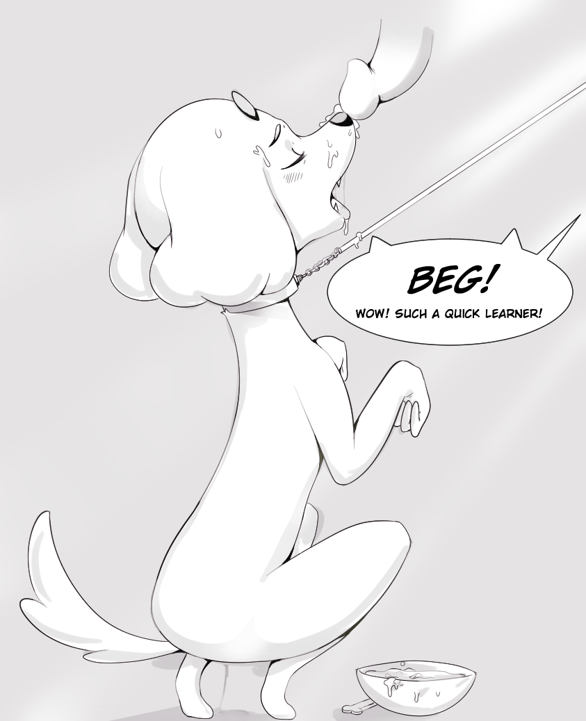 anne_kennel anthro blush bowl canine collar cum cum_on_face english_text female leash male mammal monochrome open_mouth pups_of_liberty pussy_juice straight text tongue tongue_out unknown_artist