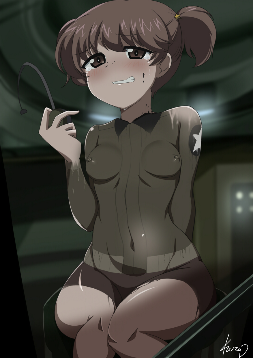 alisa (girls und panzer), blush, body paint, bodypaint, breasts, brown eyes, brown hair, clenched teeth, female, freckles, girls und panzer, navel, nipples, nude, painted clothes, short hair, small breasts, tears