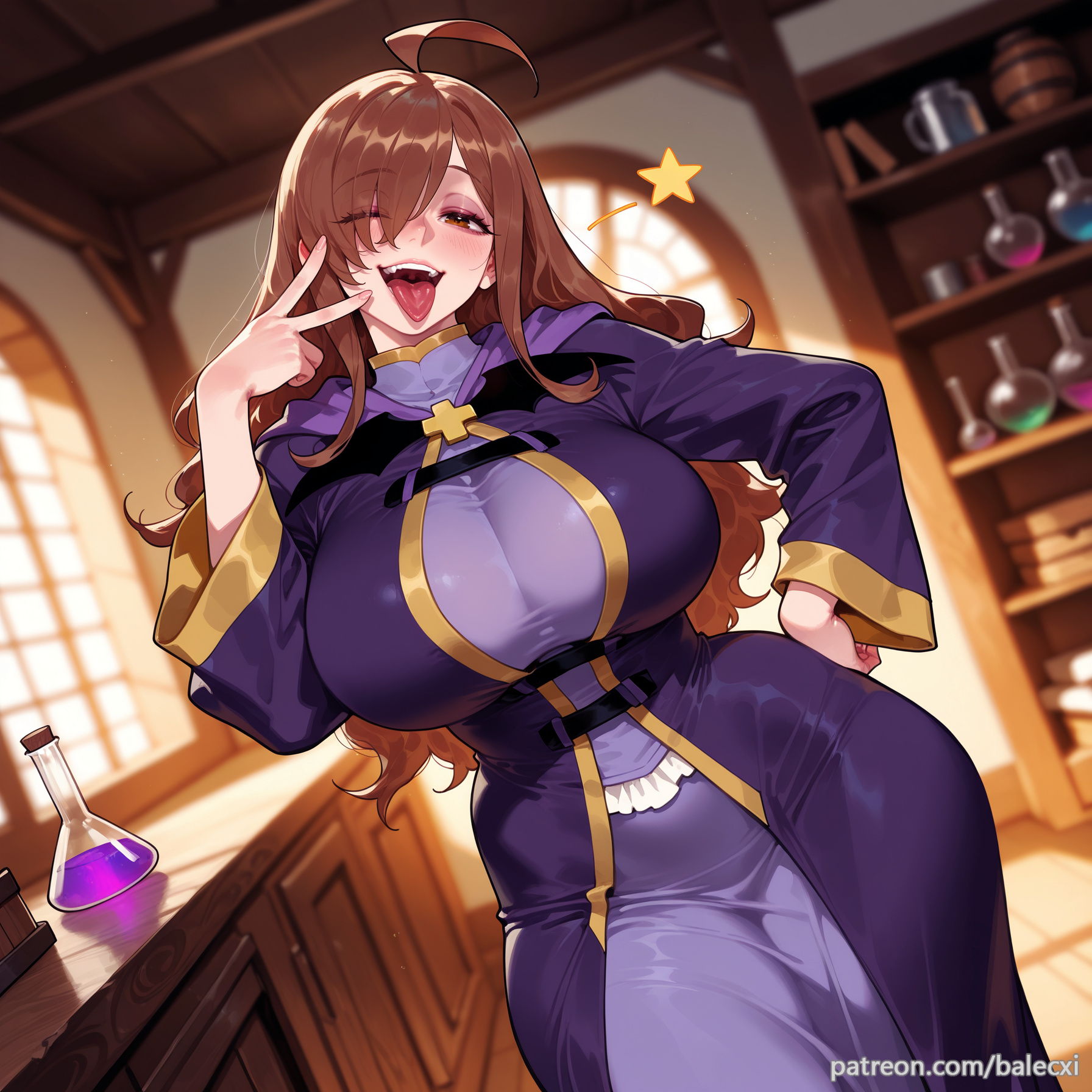 ahoge, ai generated, balecxi, brown eyes, brown hair, curvy, dress, female, hair over one eye, indoors, kono subarashii sekai ni shukufuku wo!, large breasts, long hair, long sleeves, looking at viewer, one eye closed, open mouth, patreon username, solo, star (symbol), tongue, tongue out, v, web address, window, wiz (konosuba)