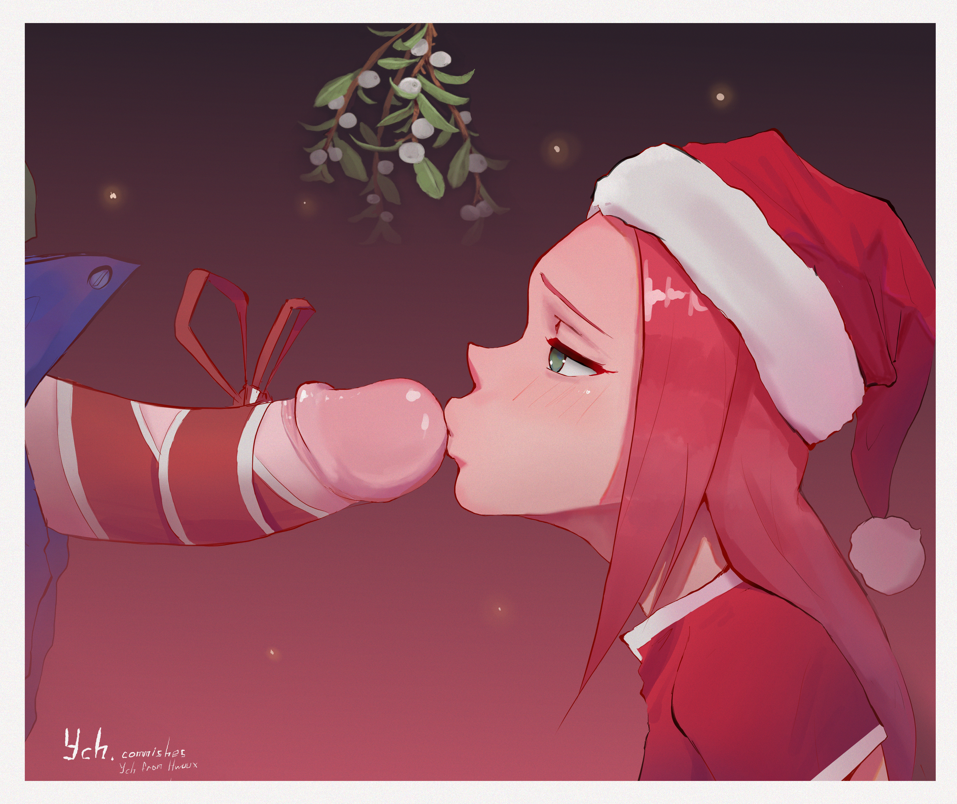 1boy, 1girls, blush, christmas, fellatio, female, green eyes, hat, hwuux, kissing, kissing penis, light skin, long hair, mistletoe, mistletoe above penis, naruto, naruto (classic), naruto (series), penis, penis ribbon, pink hair, ribbon on penis, sakura haruno, side view