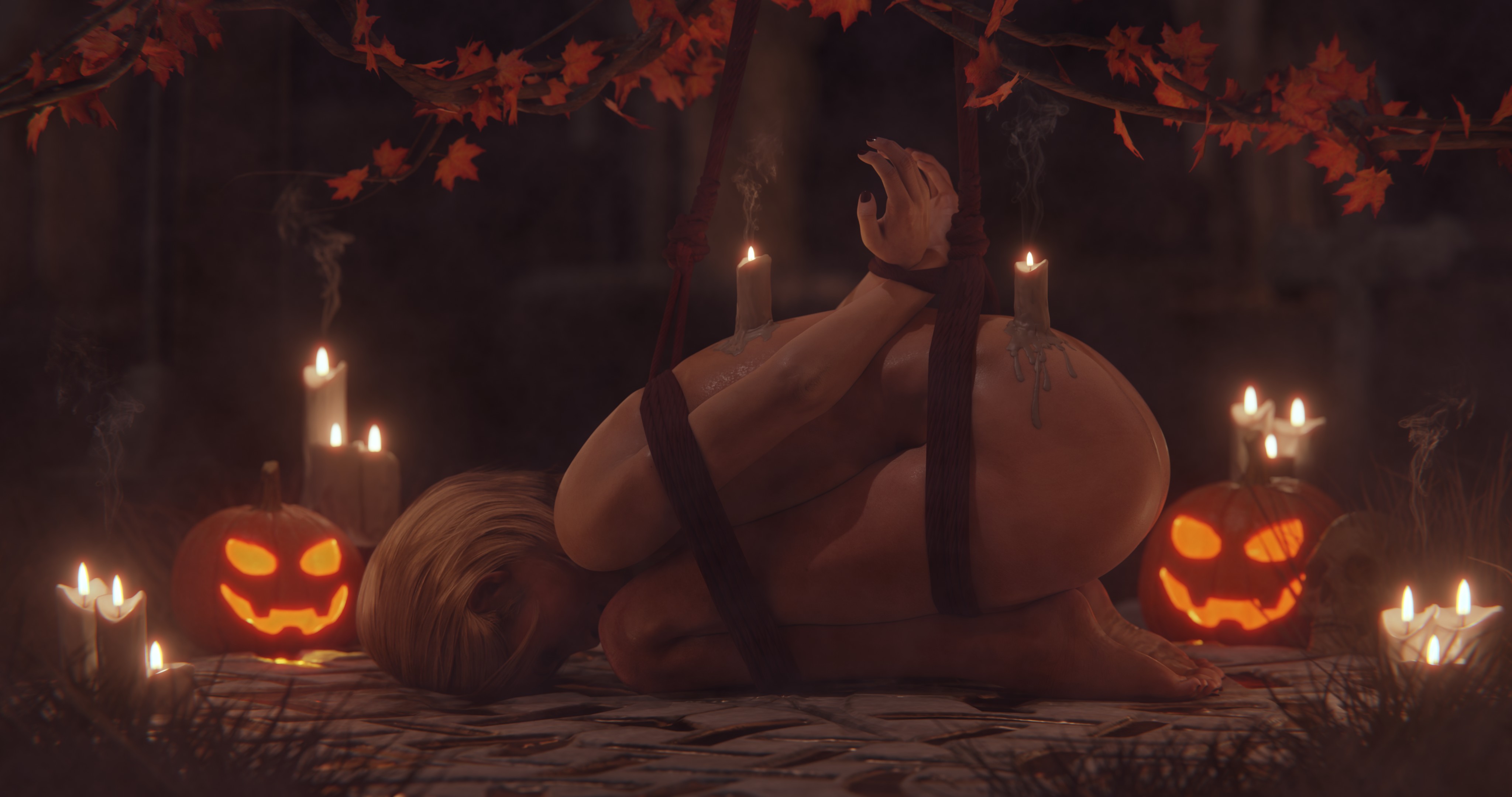 1girls, 3d, ashley graham, blonde hair, bound, burenyawaaa, candle, candle wax, capcom, character request, feet, female, female focus, female only, halloween, kneeling, naked, naked female, nude, pumpkin, resident evil, rope, rope bondage, side view, soles, tagme