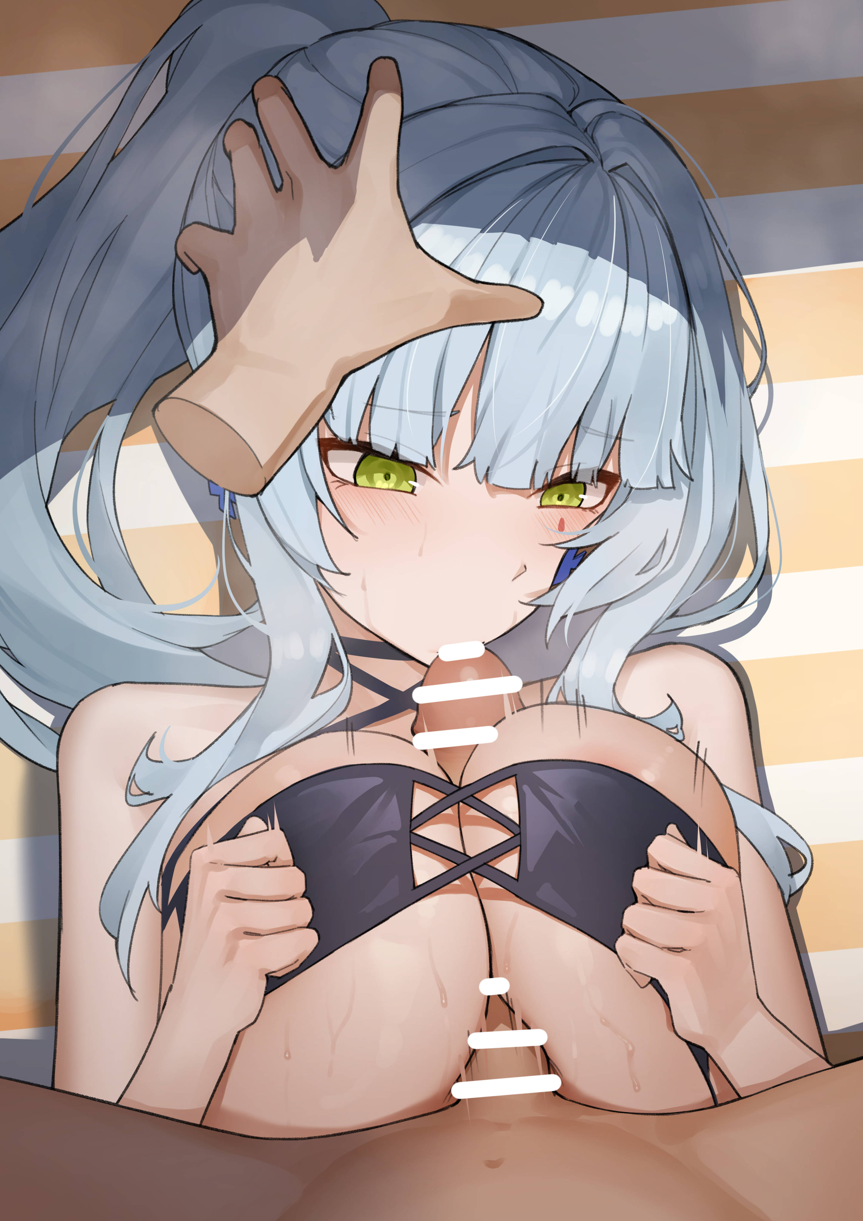 1boy, absurdres, bar censor, beach towel, bikini, black bikini, blowjob, breasts, censored, commentary request, cross-laced bikini, cross-laced clothes, disembodied hand, fellatio, female, girls' frontline, girls' frontline 2: exilium, green eyes, hand on another's head, highres, hk416 (girls' frontline), klukai (cerulean breaker) (girls' frontline 2), klukai (girls' frontline 2), large breasts, long hair, looking at penis, looking down, oral, paid reward available, paizuri, penis, ponytail, ringobatake, straddling paizuri, straight, swimsuit, teardrop facial mark, towel