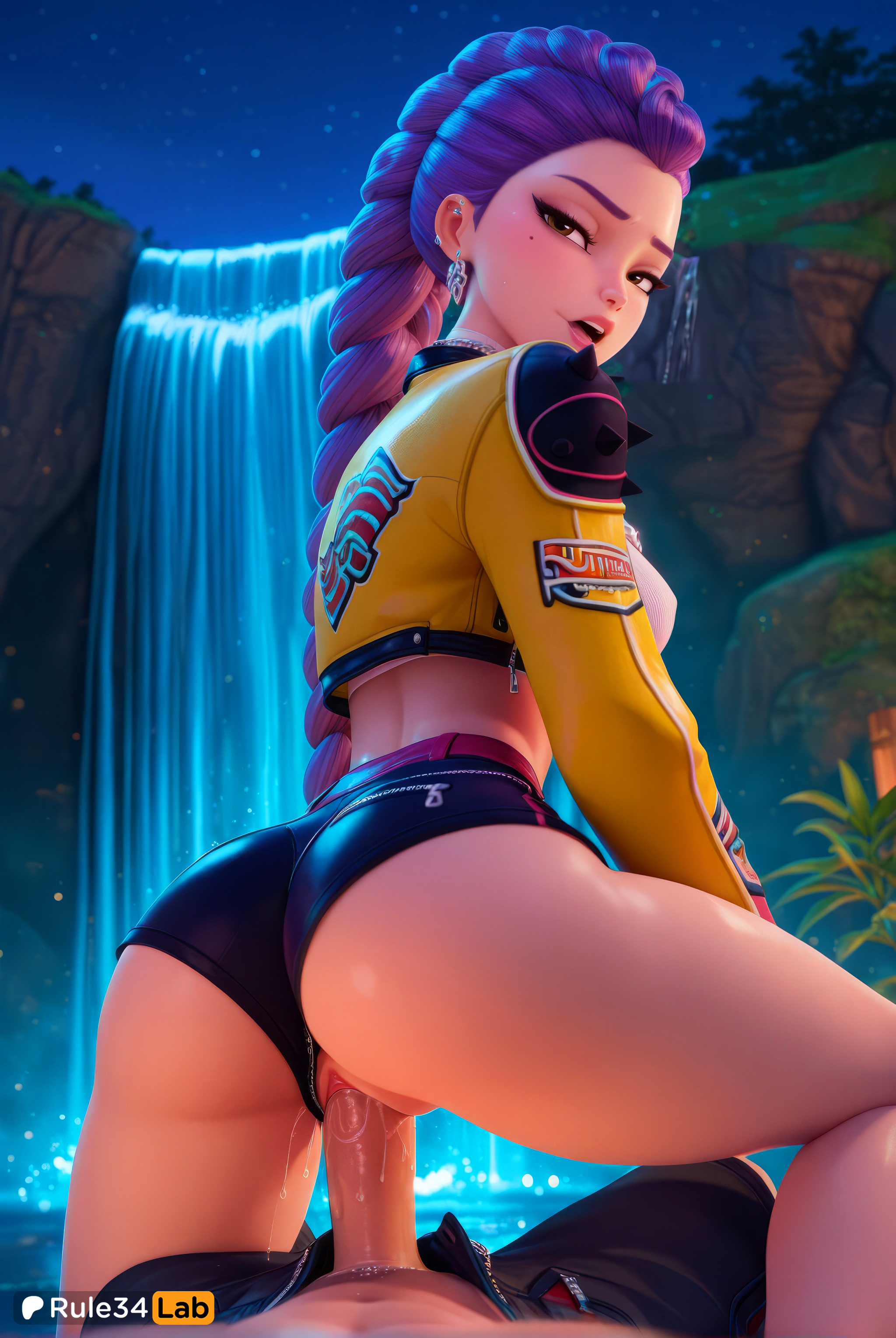 1boy, 1boy1girl, 1girls, ai generated, artist name, ass, braid, breasts, brown eyes, clothed sex, clothing aside, cowgirl position, crop top, cropped jacket, earrings, female, from behind, hi res, jacket, jewelry, kpop demon hunters, long hair, looking at viewer, looking back, makeup, mole, mole under eye, mouth open, netflix, night, outdoors, patreon logo, patreon username, penis, pov, purple hair, pussy, reverse cowgirl position, rule34lab, rumi (kpop demon hunters), sex, short shorts, shorts, solo focus, sony pictures animation, straddling, straight, uncensored, vaginal penetration, vaginal sex, water, yellow jacket