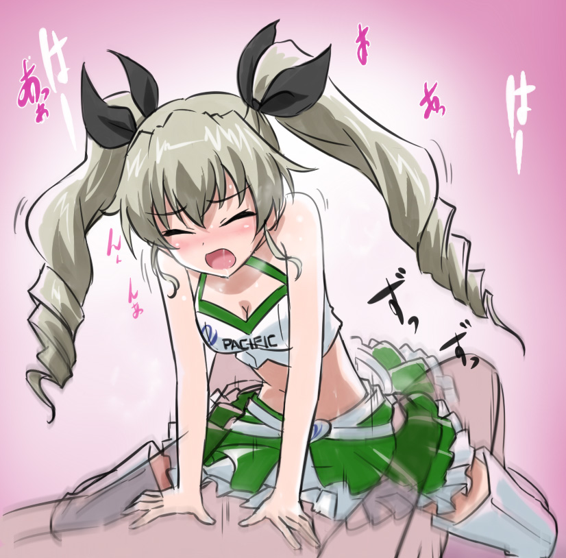 1boy, 1girls, anchovy (girls und panzer), blush, cheerleader, cheerleader uniform, closed eyes, clothed sex, cowgirl position, female, girls und panzer, green hair, hair ornament, male, ribbon, sex, skirt, tied hair, twintails