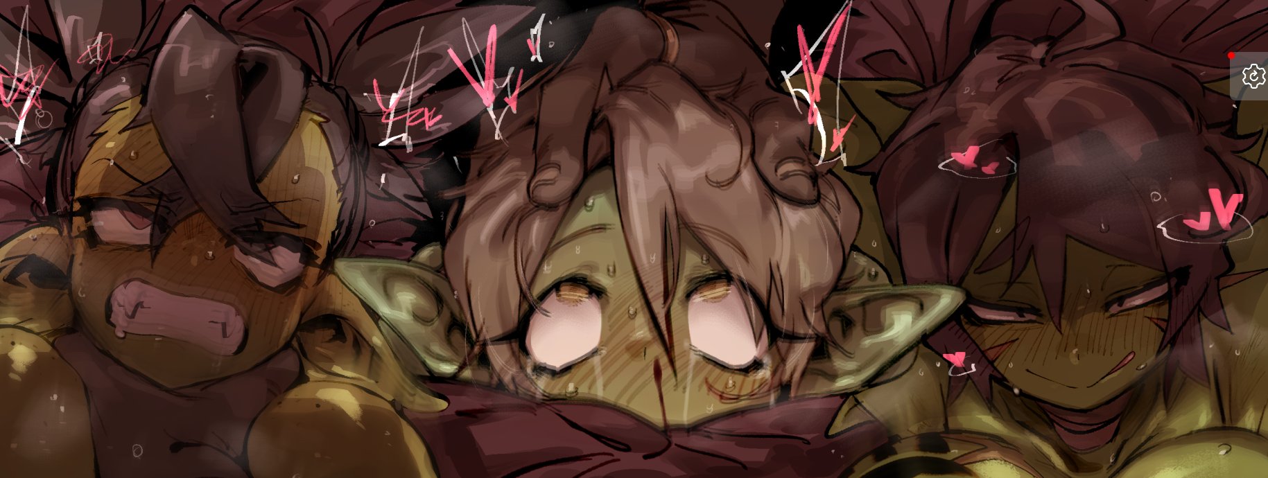 asphyxiation, brown hair, dark skin, doppel, female, femsub, goblin, goblin female, looking pleasured, nosebleed, pointy ears, rough sex, submissive female, tagme, tears