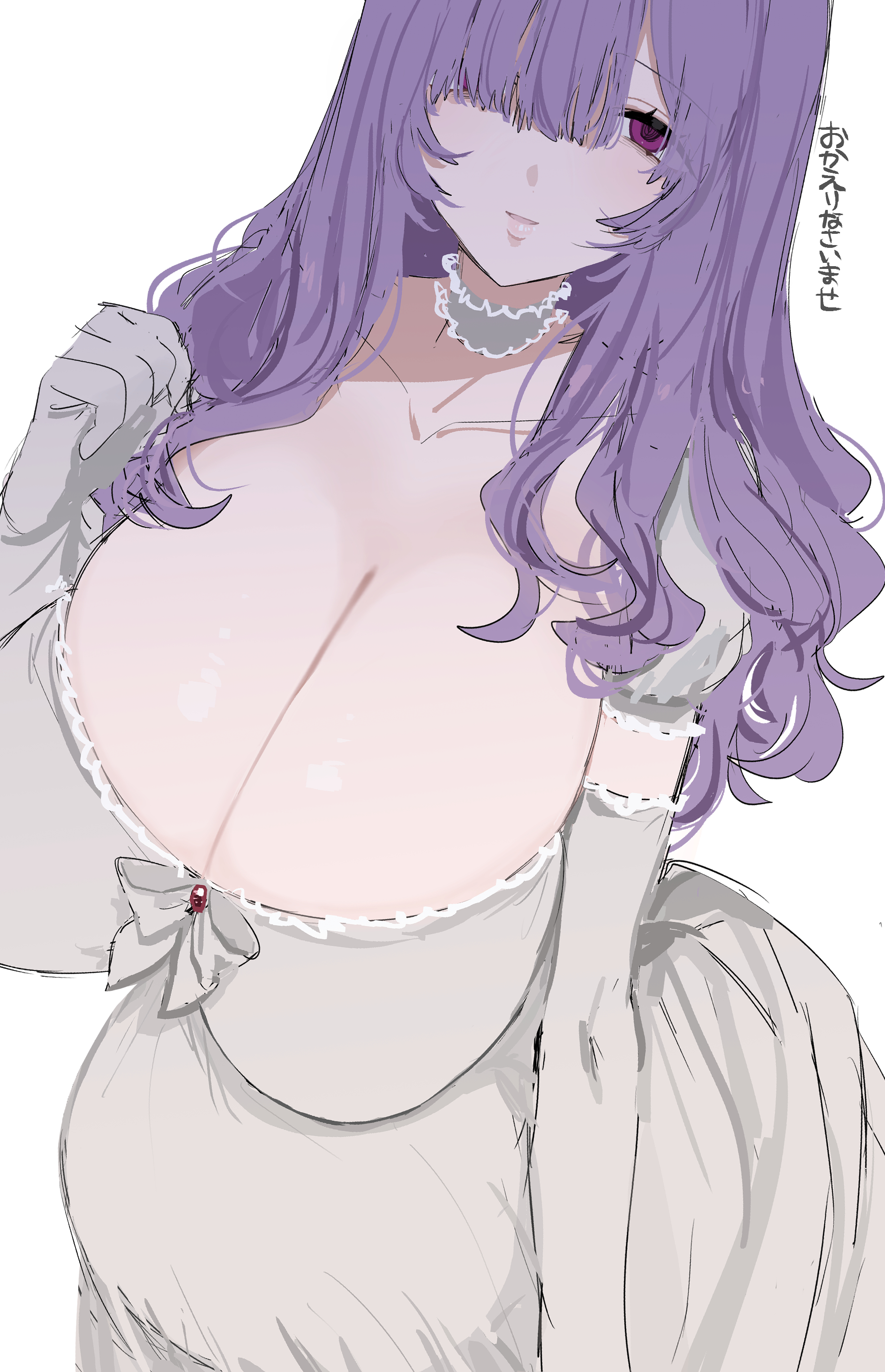 1girls, big breasts, cleavage, dress, elbow gloves, eurasia (wtp09ptw14), female, female only, francoise (eurasia), gloves, hair over one eye, huge breasts, long hair, looking at viewer, maternity clothes, maternity dress, original, pale skin, pale-skinned female, pregnant, purple eyes, purple hair, sagging breasts, solo