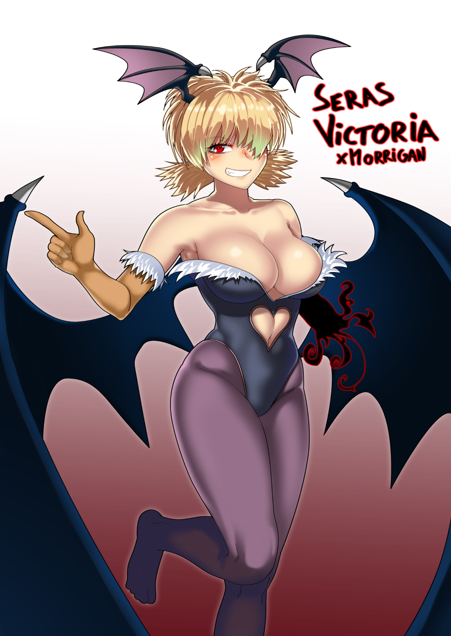 1girls, amputee, bangs, bare shoulders, bat wings, bimbo, black leotard, blonde hair, blush, breasts, busty, character name, cleavage, clothing, collarbone, cosplay, darkstalkers, demon, demon girl, eyebrows, eyebrows visible through hair, female, fur trim, gloves, gradient, gradient background, grin, hair over one eye, head wings, heart cutout, hellsing, highleg, highleg leotard, highres, hourglass figure, large breasts, leotard, long hair, morrigan aensland, morrigan aensland (cosplay), multi wing, navel, navel cutout, no shoes, one eye covered, one leg raised, pantyhose, pointing, purple legwear, red background, red eyes, seras victoria, small breasts, smile, solo, standing on one leg, strapless, succubus, thegoldensmurf, tied hair, twintails, vampire, voluptuous, wings