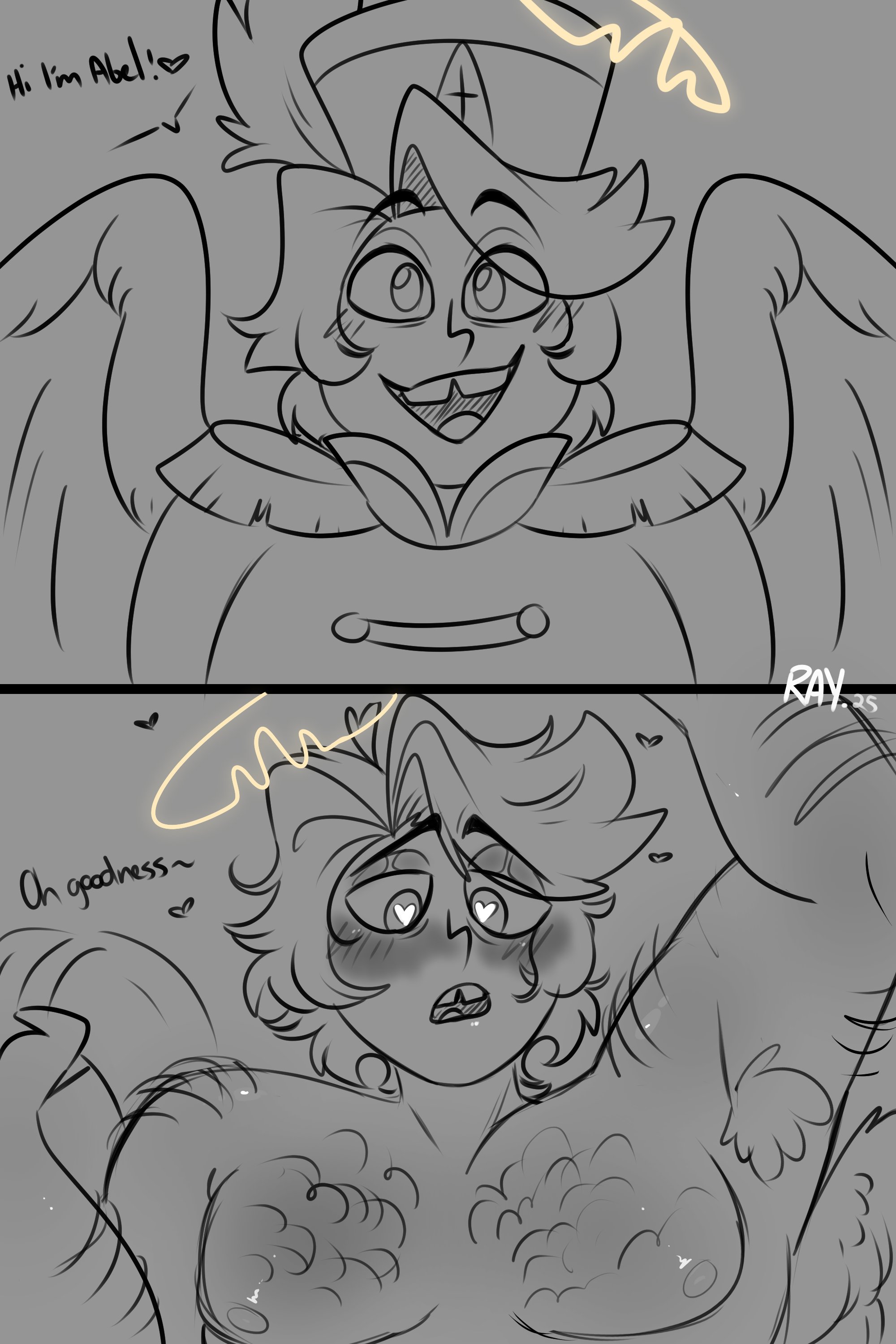 1boy, abel (hazbin hotel), angel, angel boy, angel wings, aureola, black and white, cropped, hair, hairy, hairy armpits, hairy arms, hairy chest, hairy male, hazbin hotel, male, male only, moan, moaning, panels, paradise, raynocturna, sketch