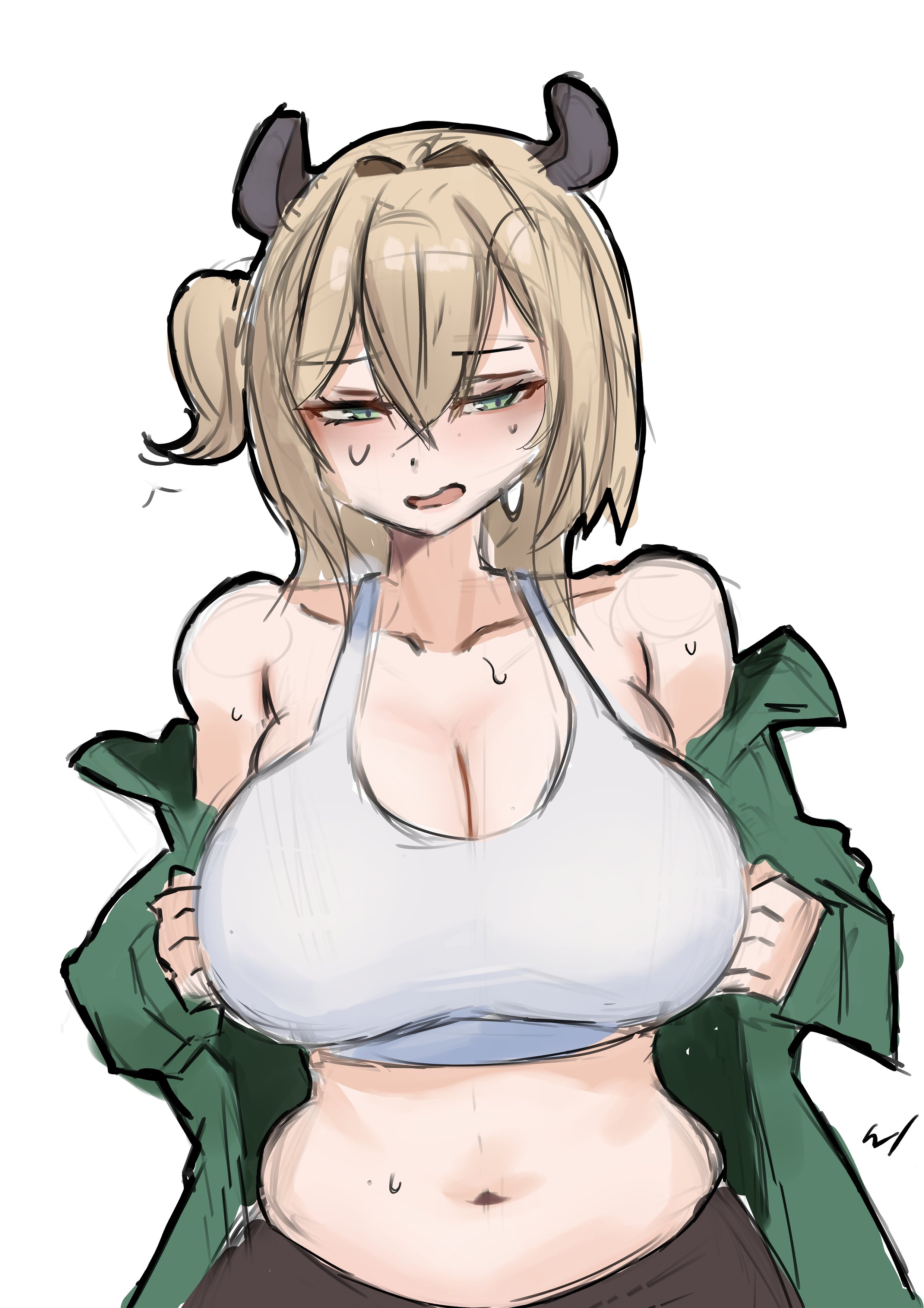 1girls, 2025, animal ears, animal humanoid, belly button, big breasts, blonde hair, blush, breasts, busty, cleavage, clothed, clothed female, clothing, colored sketch, cowboy shot, curvaceous, curvy, erroz, female, front view, fully clothed, green eyes, hair, hair between eyes, heat (temperature), hi res, huge breasts, humanoid, indie virtual youtuber, large breasts, light skin, light-skinned female, long hair, looking at viewer, mammal, mammal humanoid, muffin top, navel, nimi nightmare, open clothes, open jacket, open mouth, open shirt, signature, simple background, sketch, slightly chubby, solo, sports bra, standing, stomach, sweat, sweatdrop, sweating, sweaty, sweaty body, tapir, tapir ears, tapir girl, virtual youtuber, voluptuous, white background, wide hips