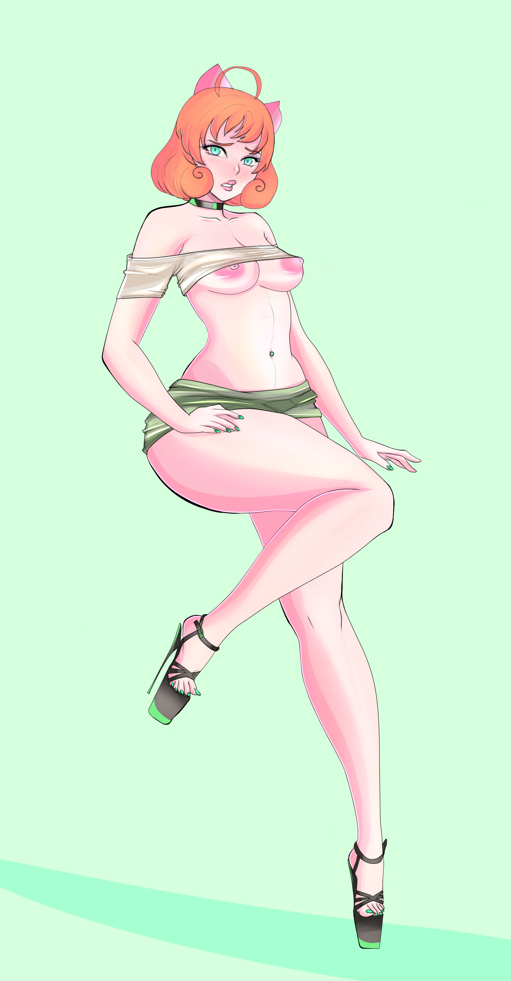 1girls, android, bow, breasts, choker, female, female only, hairbow, high heels, legoman, lipstick, nail polish, nipples, open toe shoes, orange hair, penny polendina, pink bow, platform heels, rwby, short hair, short shorts, stiletto heels, tubetop, very high heels