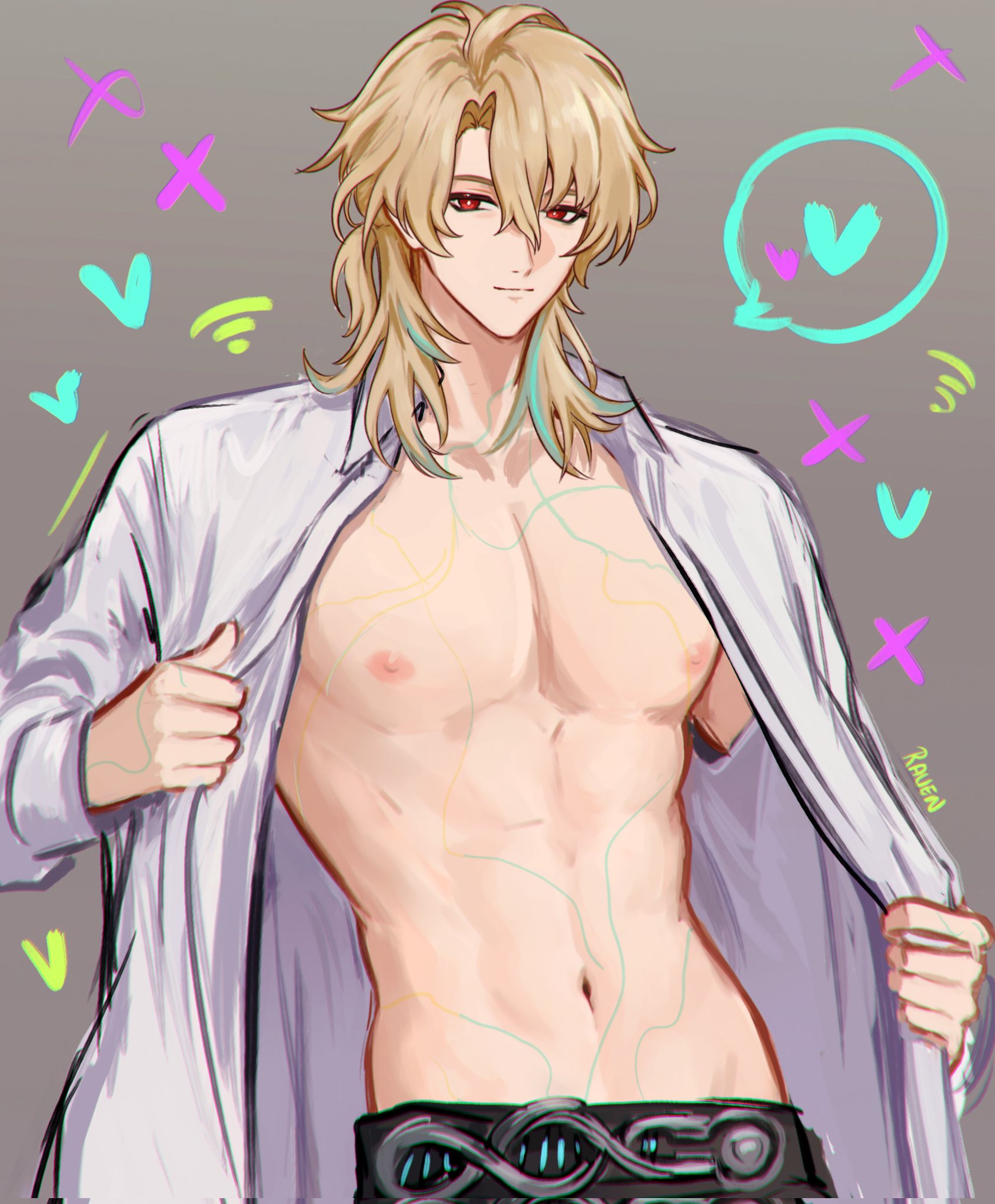 1boy, abs, blonde hair, luuk herssen (wuthering waves), male, male only, red eyes, solo, wuthering waves