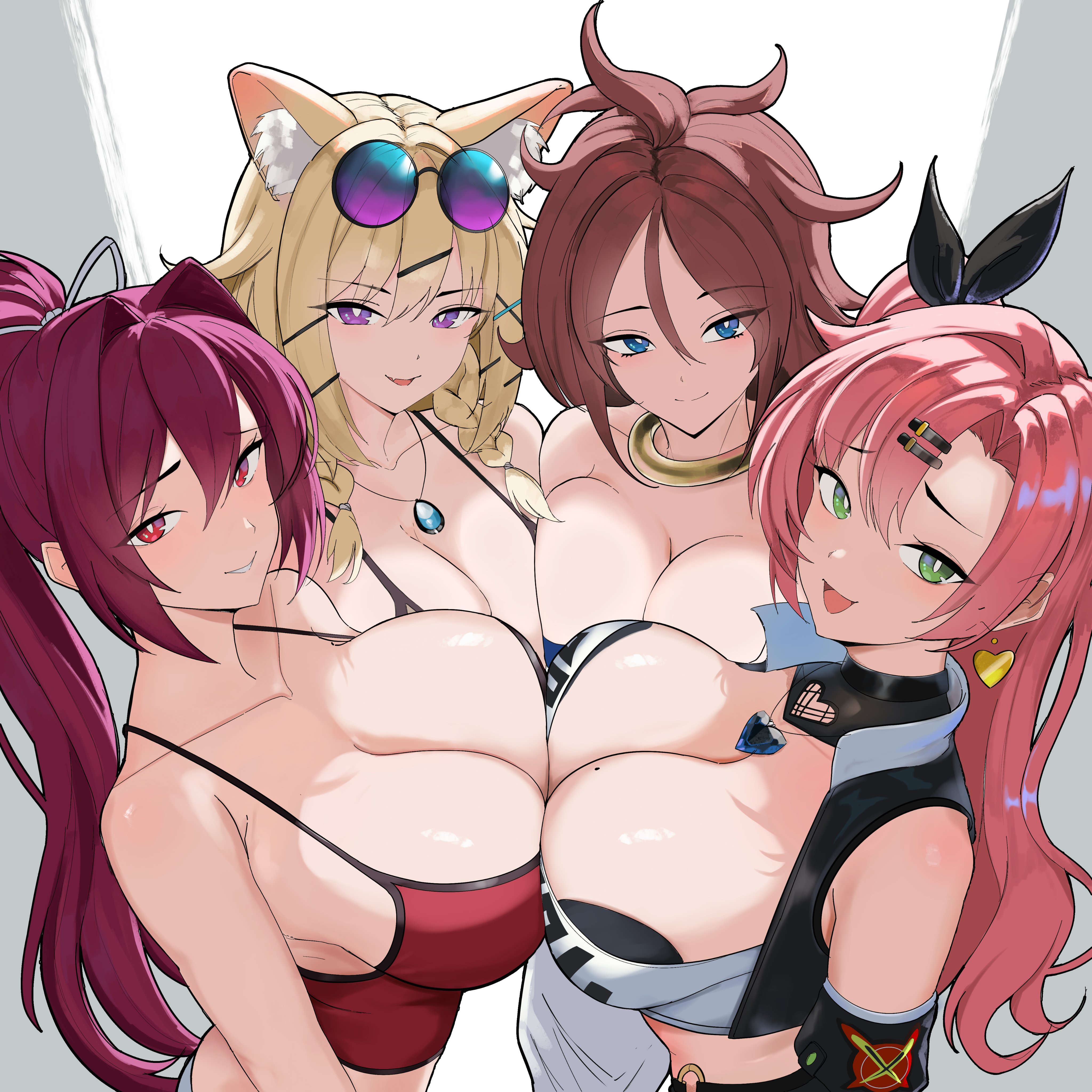 4girls, absurdres, android 21, animal ears, arknights, bare shoulders, blonde hair, blue eyes, breast press, breasts, brown hair, cleavage, dragon ball, earrings, female focus, green eyes, heart, highres, izumi is blah, jewelry, large breasts, long hair, looking at viewer, mole, mole on breast, multiple girls, necklace, nicole demara, pink hair, ponytail, purple eyes, red eyes, sunglasses, symmetrical docking, under night in-birth, utage (arknights), yuzuriha (under night in-birth), zenless zone zero