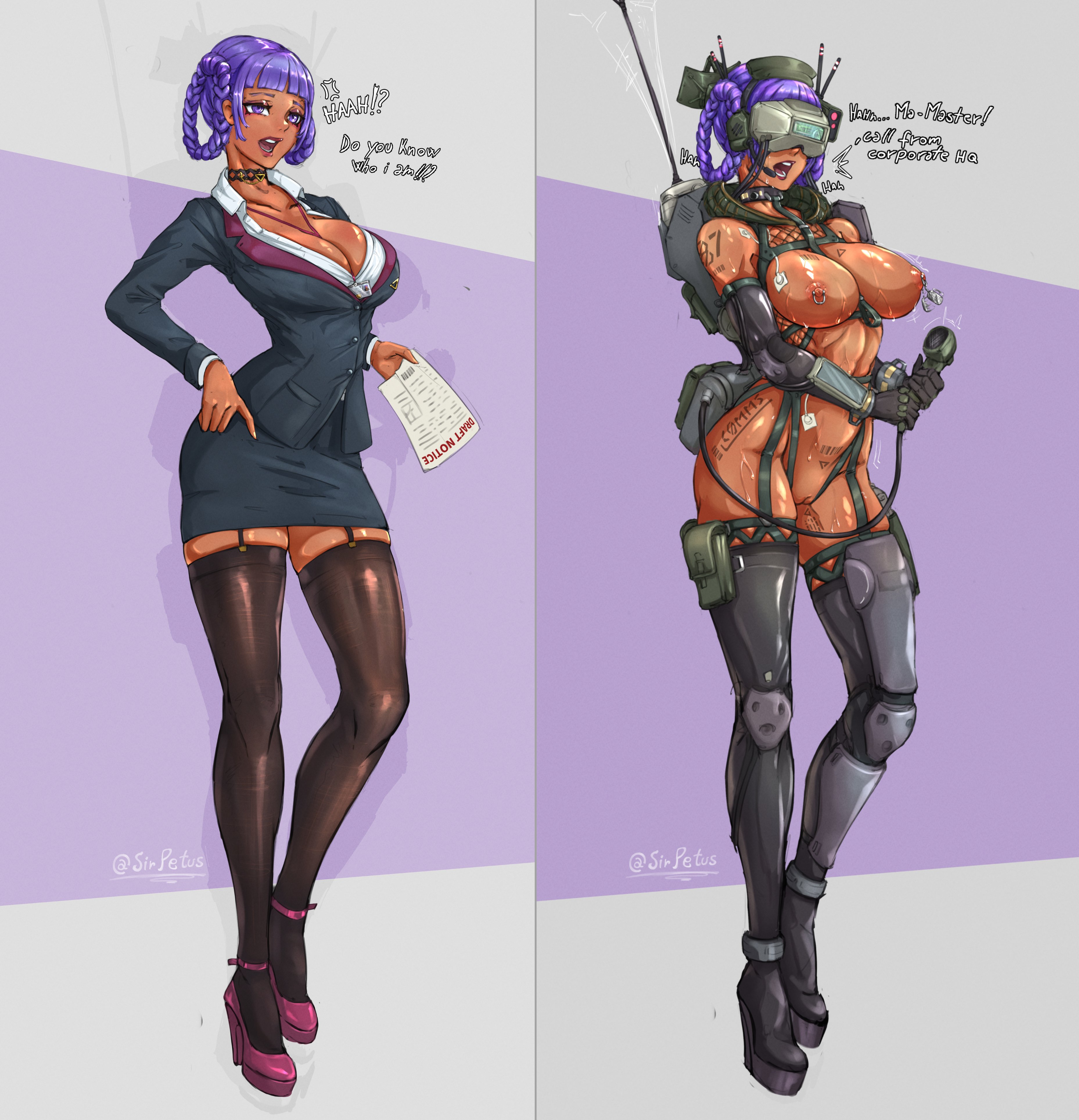 1girls, barcode, barcode tattoo, before and after, big breasts, breasts, cleavage, collar, combatdoll, dark-skinned female, english text, female, femsub, hairless pussy, high heels, nipple piercing, open mouth, piercing, purple hair, sirpetus, slave, text, thighhighs, wedge heels