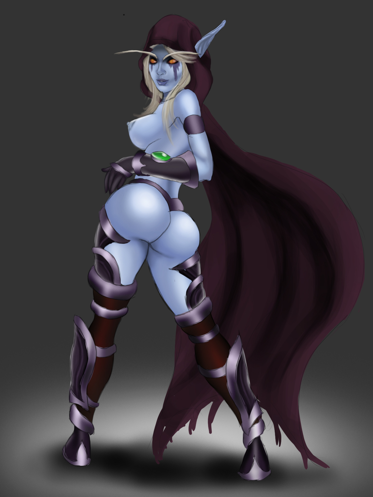 ass, banshee (warcraft), blue skin, breasts, dark ranger, elf, female, forsaken, orange eyes, sideboob, sylvanas windrunner, thunderphoenix, undead, undead (warcraft), undead female, white hair, world of warcraft