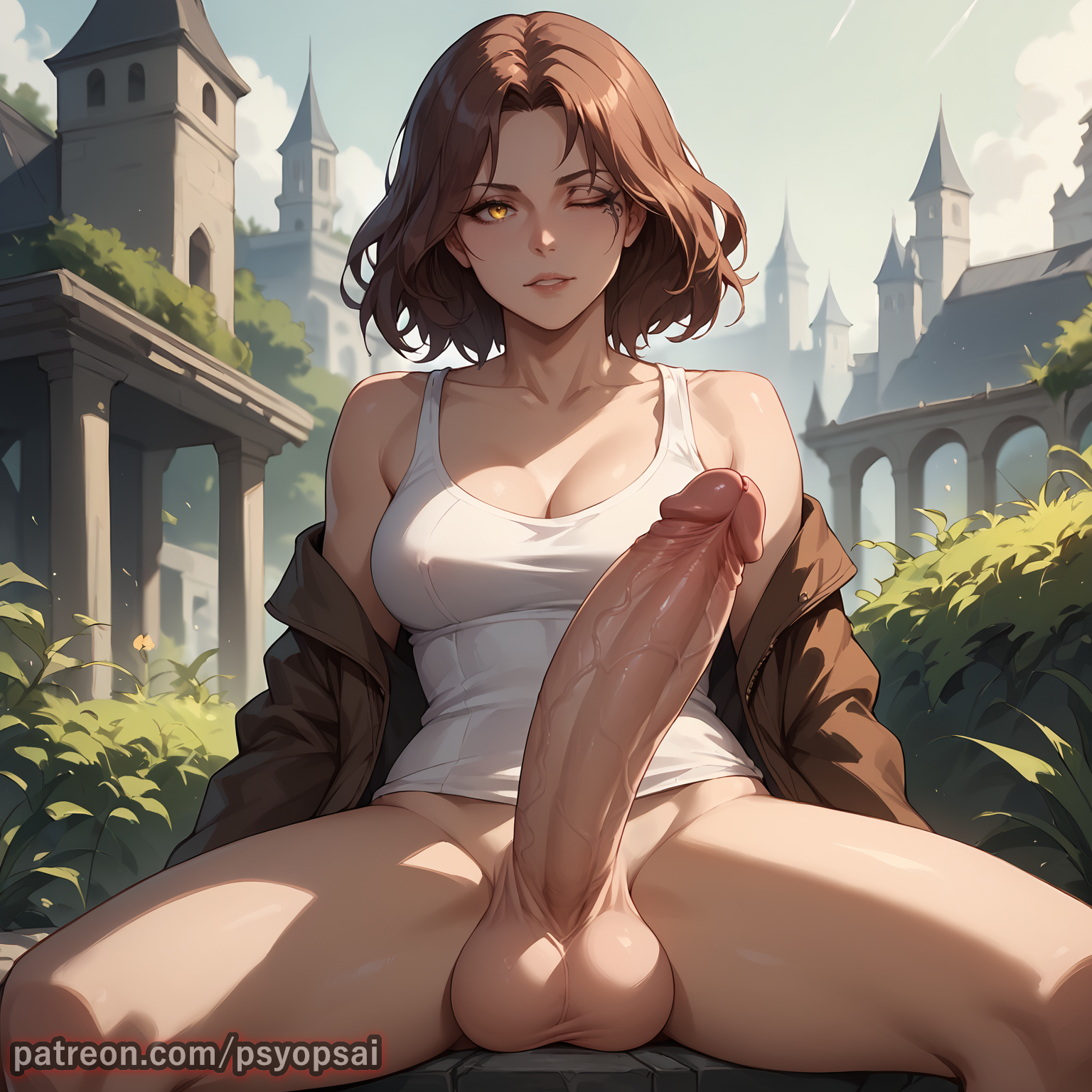 ai generated, artist name, big penis, clothed, clothing, colored, digital media (artwork), elden ring, erect penis, erection, from below, front view, futa only, futanari, huge cock, intersex, melina (elden ring), penis, psyopsai, sitting, solo, solo focus, spread legs, uncensored, watermark